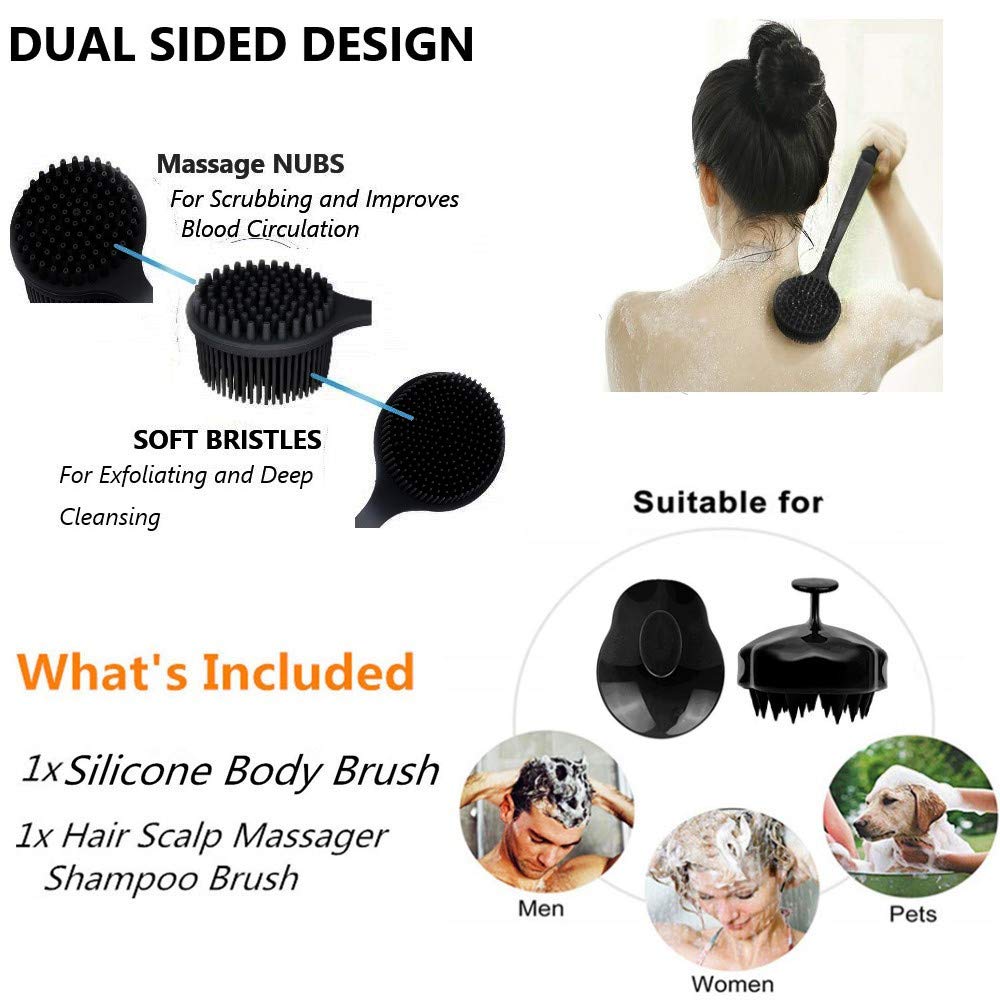 Dluxe Ave. Cinlitek Silicone Body Scrubber & Scalp Massager Long Handle Back Scrubber for Shower BrushExfoliating Body Scrubber Shower Scrubber for Body Brush Hair Dandruff Shampoo Brush for MenWomen&Kids