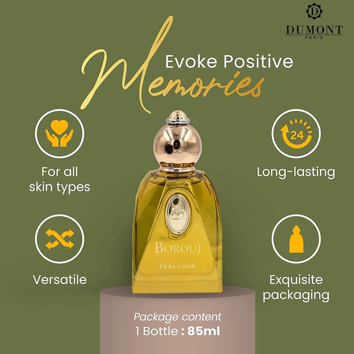 Dluxe Ave. Dumont BOROUJ PERLADOR - 85ml - Unisex Perfume for Men & Women - Arab Inspired Fragrance with Musky Notes - Long Lasting Cologne Mist & Body Spray - for Him & Her
