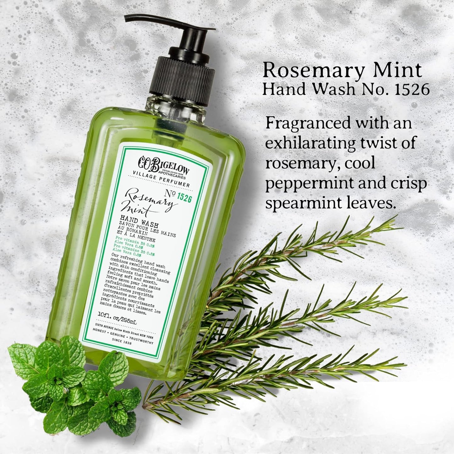 Dluxe Ave. C.O. Bigelow Hand Wash Rosemary Mint Village Perfumer Moisturizing Hand Soap for Bathroom & Kitchen with Aloe Vera and Pro-Vitamin B5 10 fl oz