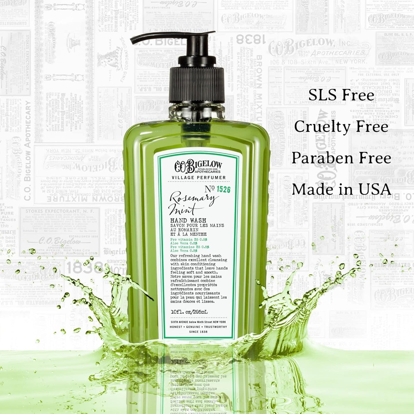 Dluxe Ave. C.O. Bigelow Hand Wash Rosemary Mint Village Perfumer Moisturizing Hand Soap for Bathroom & Kitchen with Aloe Vera and Pro-Vitamin B5 10 fl oz