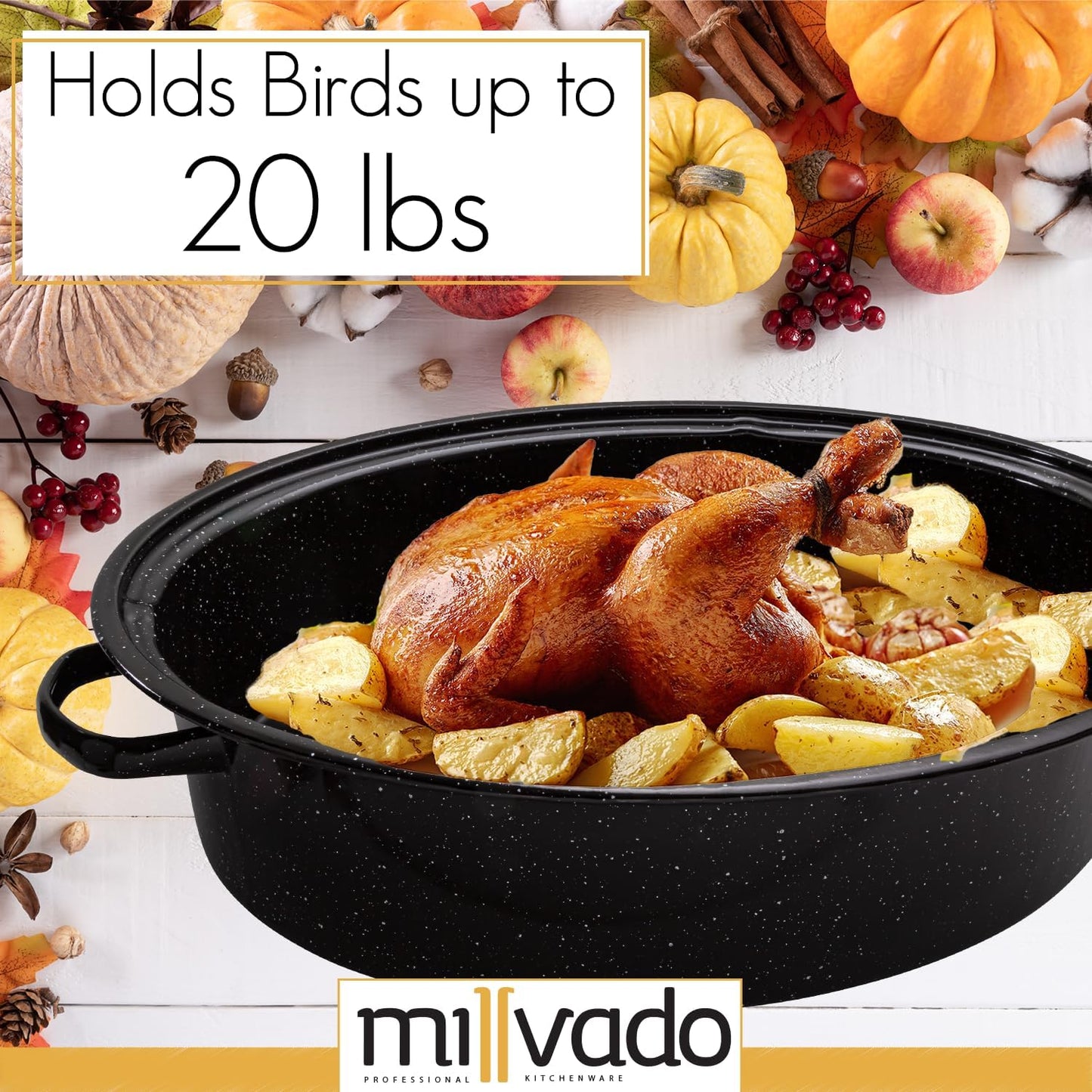 Dluxe Ave. Roasting Pan With Lid  Turkey Roaster Pan Extra Large 20 lb Capacity 19" Granite Oven Steel Cookware