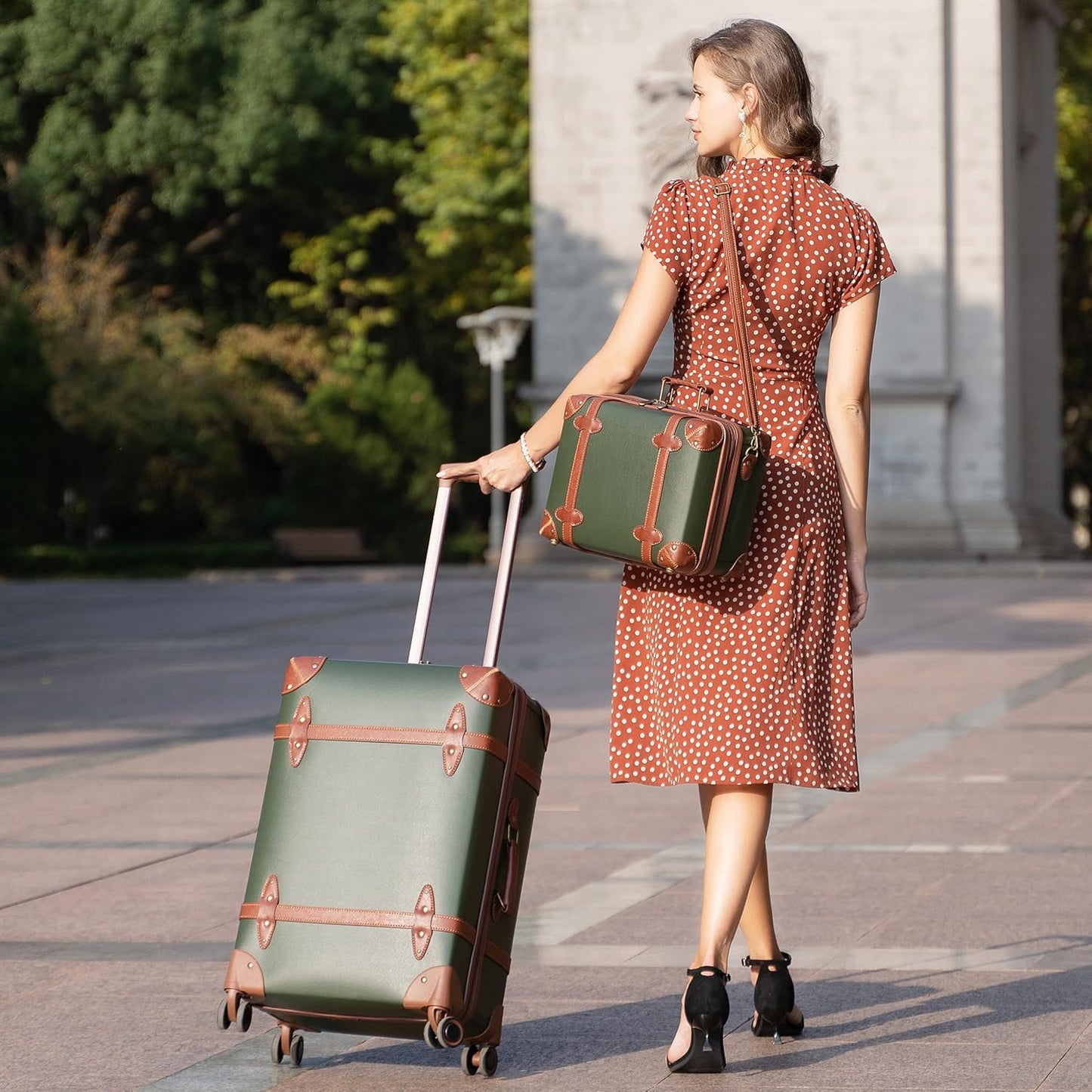 Dluxe Ave. Vintage Luggage Sets of 2 with Boarding Tote/ Handmade Faux Leather/ TSA Approved (Green) 14inch & 28inch