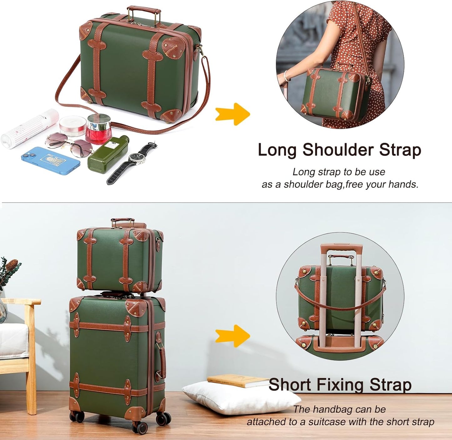 Dluxe Ave. Vintage Luggage Sets of 2 with Boarding Tote/ Handmade Faux Leather/ TSA Approved (Green) 14inch & 28inch