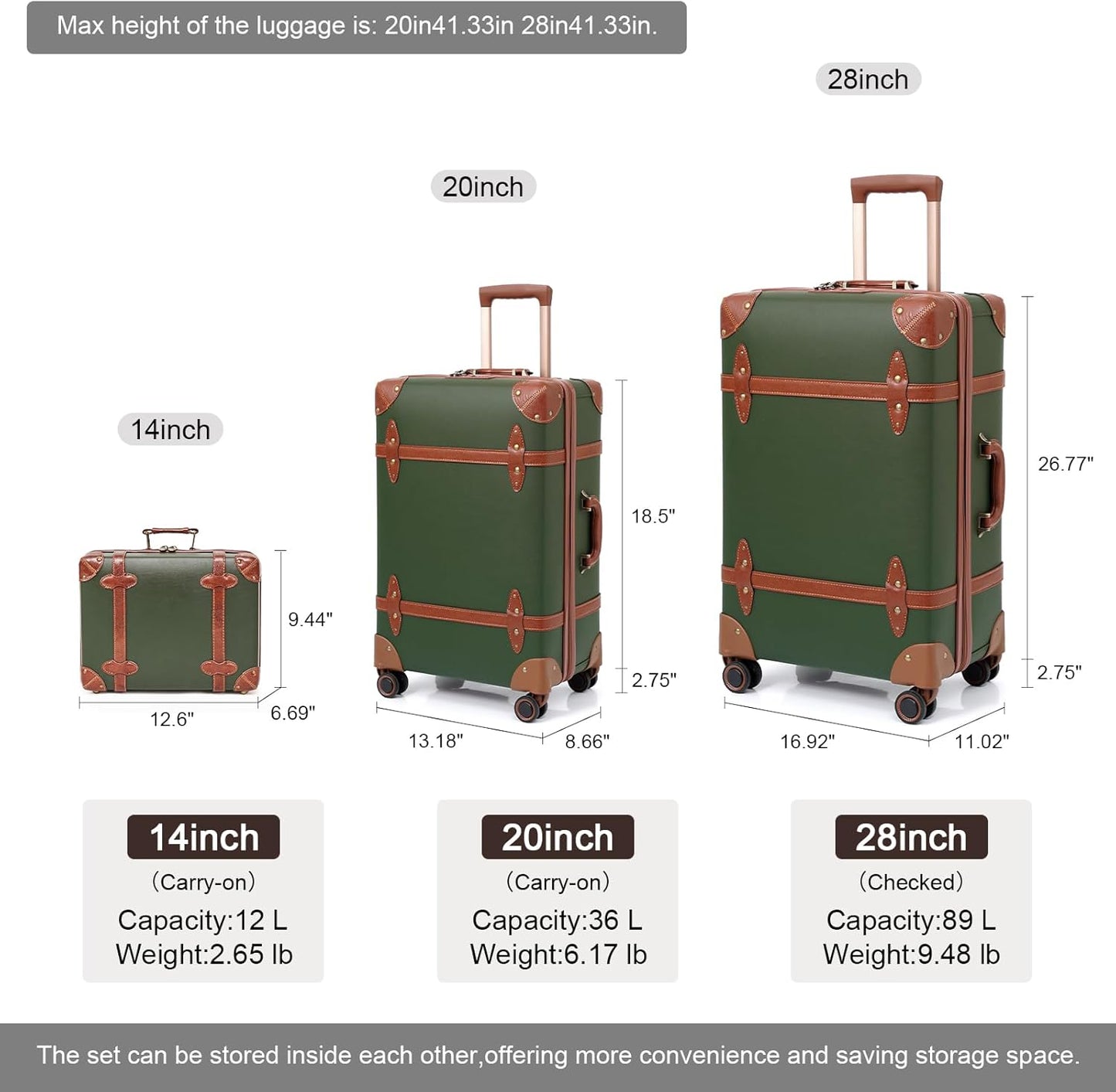 Dluxe Ave. Vintage Luggage Sets of 2 with Boarding Tote/ Handmade Faux Leather/ TSA Approved (Green) 14inch & 28inch
