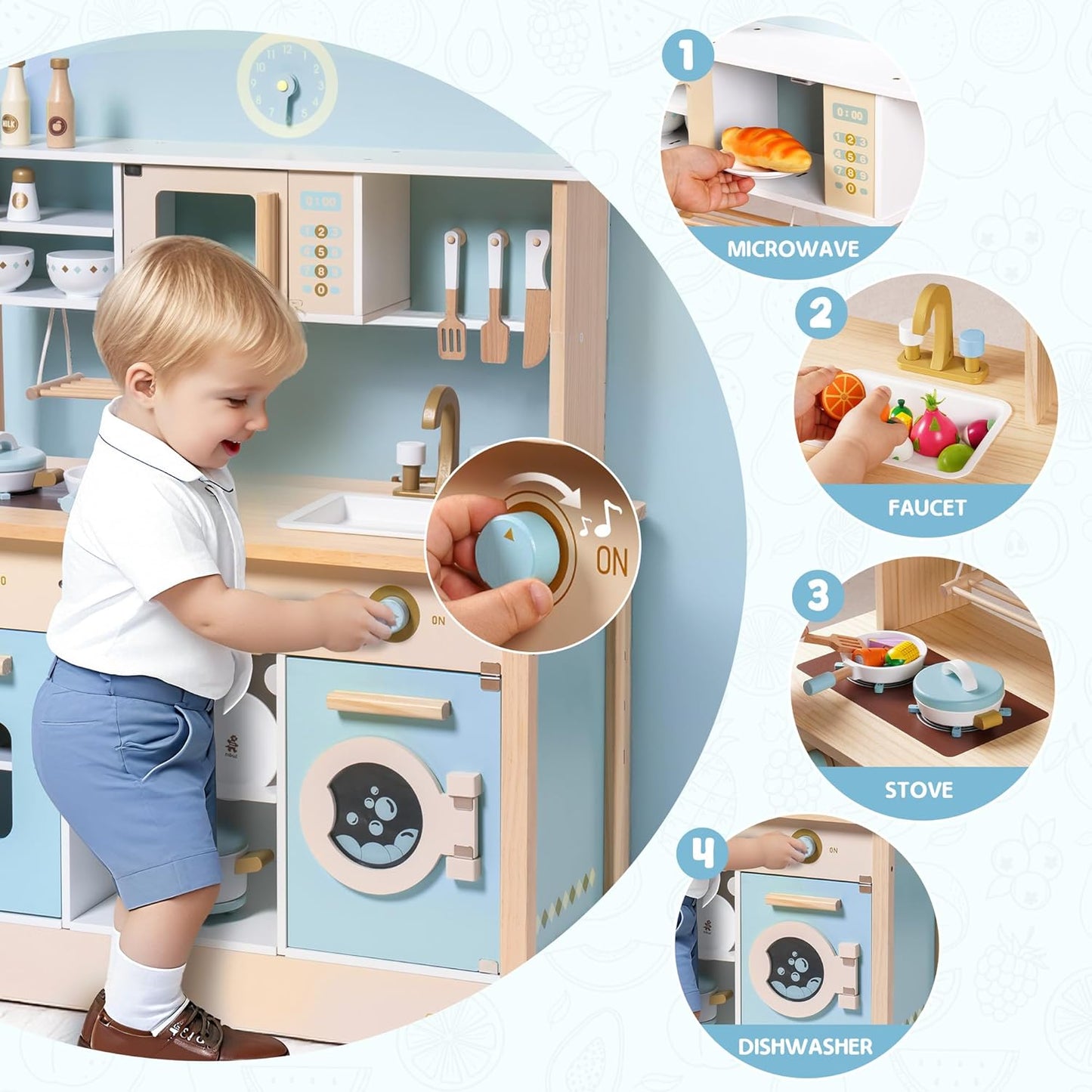 Dluxe Ave. ROBUD Wooden Play Kitchen Set for Kids Toddlers Toy Kitchen Gift for Boys Girls Age 3+