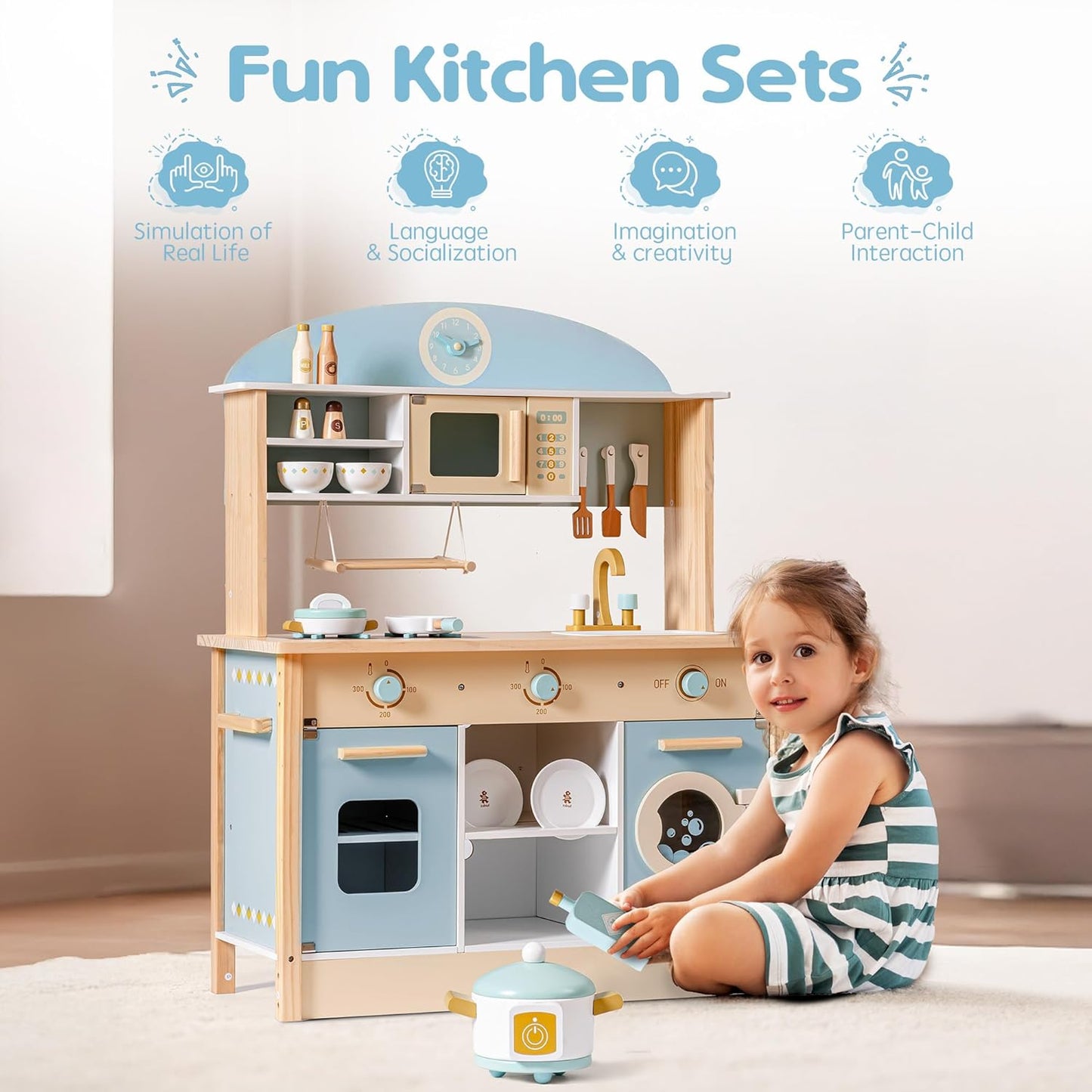 Dluxe Ave. ROBUD Wooden Play Kitchen Set for Kids Toddlers Toy Kitchen Gift for Boys Girls Age 3+