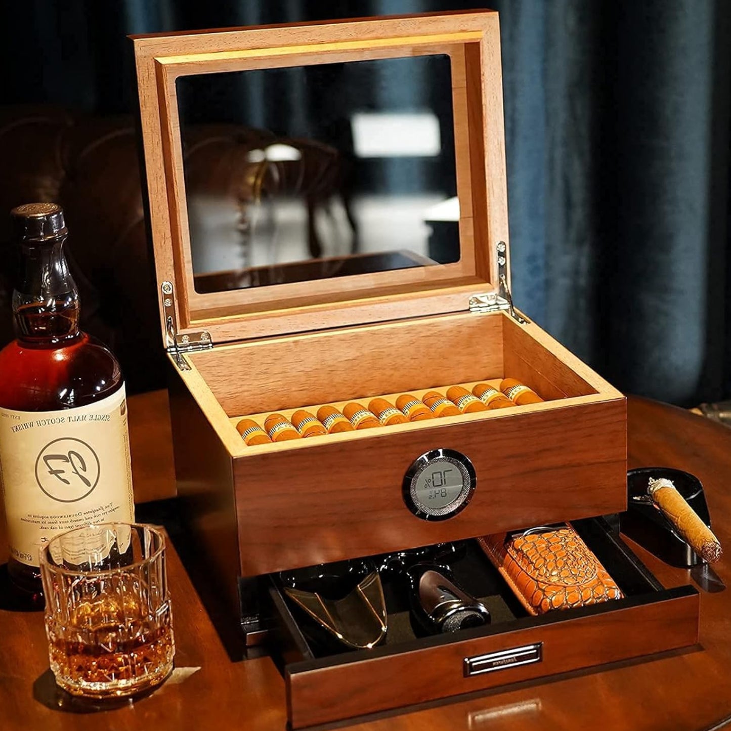 Dluxe Ave. Cigar Humidors Handcrafted/ Spanish Cedar/ Glass Top