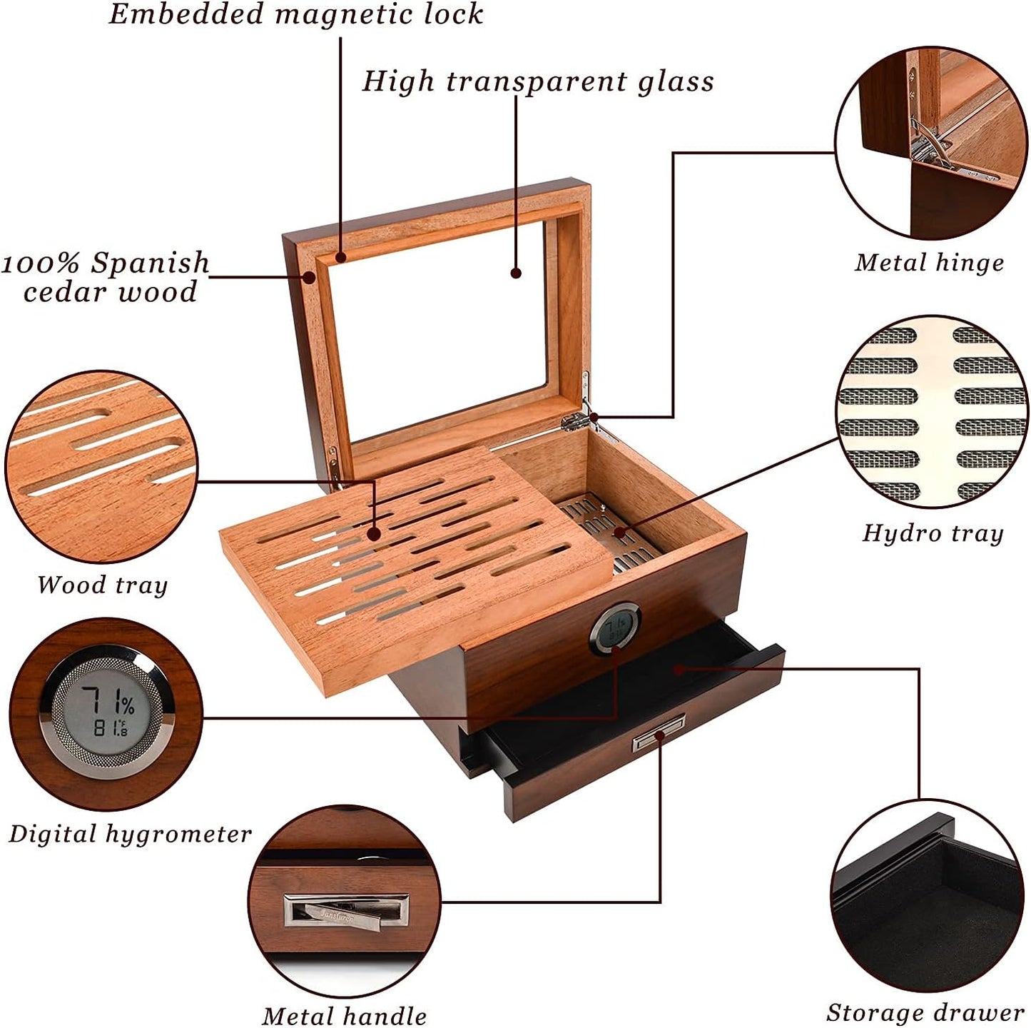 Dluxe Ave. Cigar Humidors Handcrafted/ Spanish Cedar/ Glass Top
