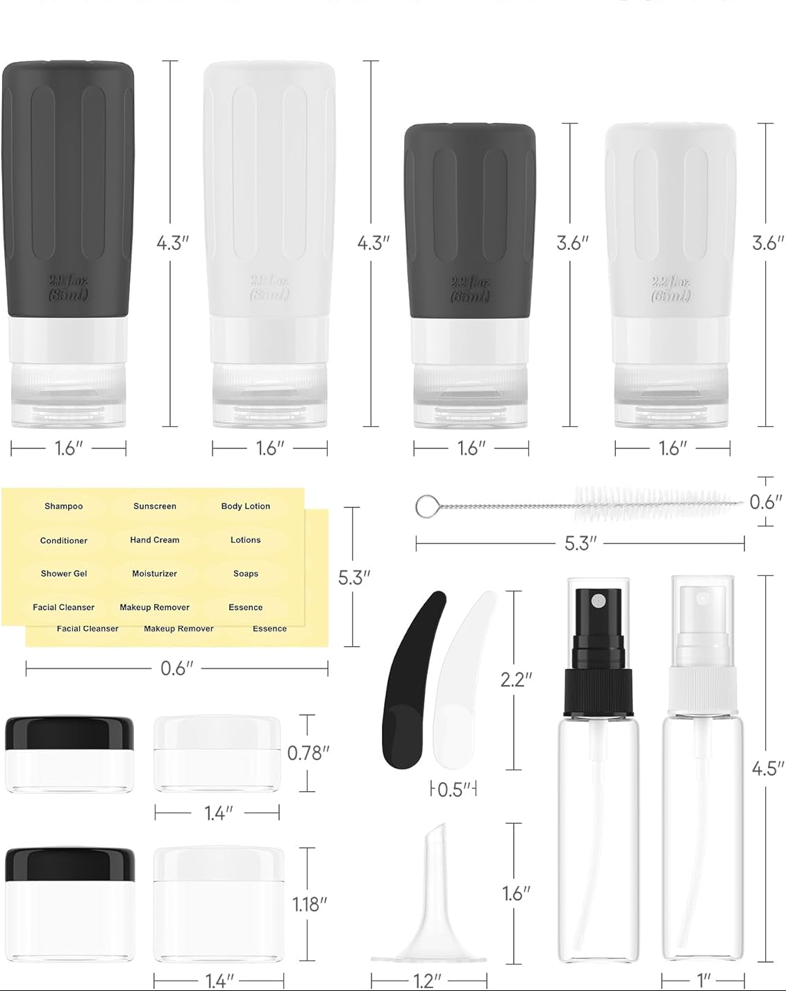Dluxe Ave. 16 Pack Silicone Travel Bottles Set/ TSA Approved/ Refillable Accessories 2oz 3oz/ BPA Free