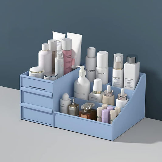 Dluxe Ave. XIOU Makeup Desk Organizer with Drawers - Countertop Organizer for Cosmetics Vanity Holder for Lipstick Brushes Lotions Eyeshadow Nail Polish and Jewelry (Blue)