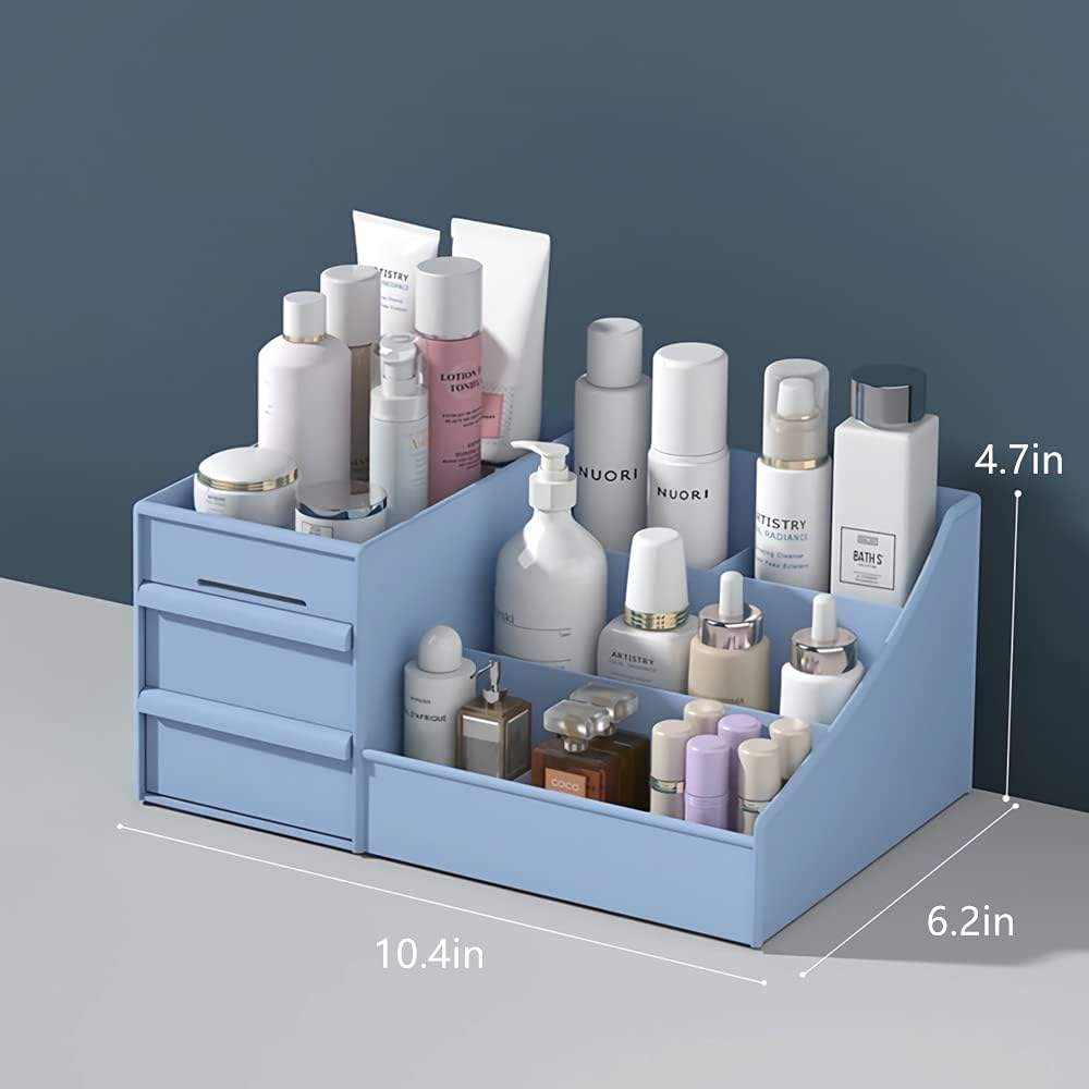 Dluxe Ave. XIOU Makeup Desk Organizer with Drawers - Countertop Organizer for Cosmetics Vanity Holder for Lipstick Brushes Lotions Eyeshadow Nail Polish and Jewelry (Blue)