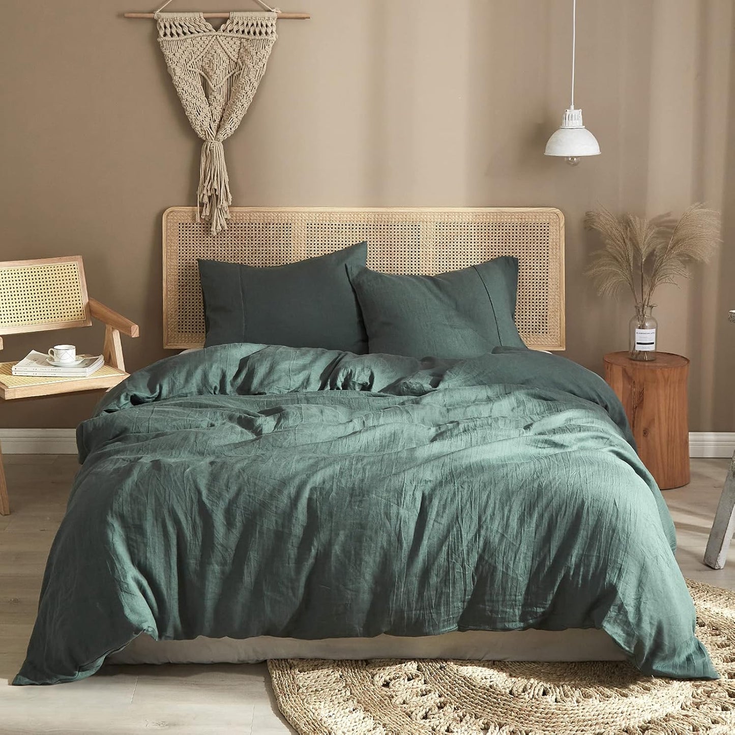 Dluxe Ave. ( QUEEN ) 3 Pcs Linen {Duvet Cover}, 100% Pure Washed French Flax Linen, Soft Breathable Moisture Wicking Cooling Linen, Green