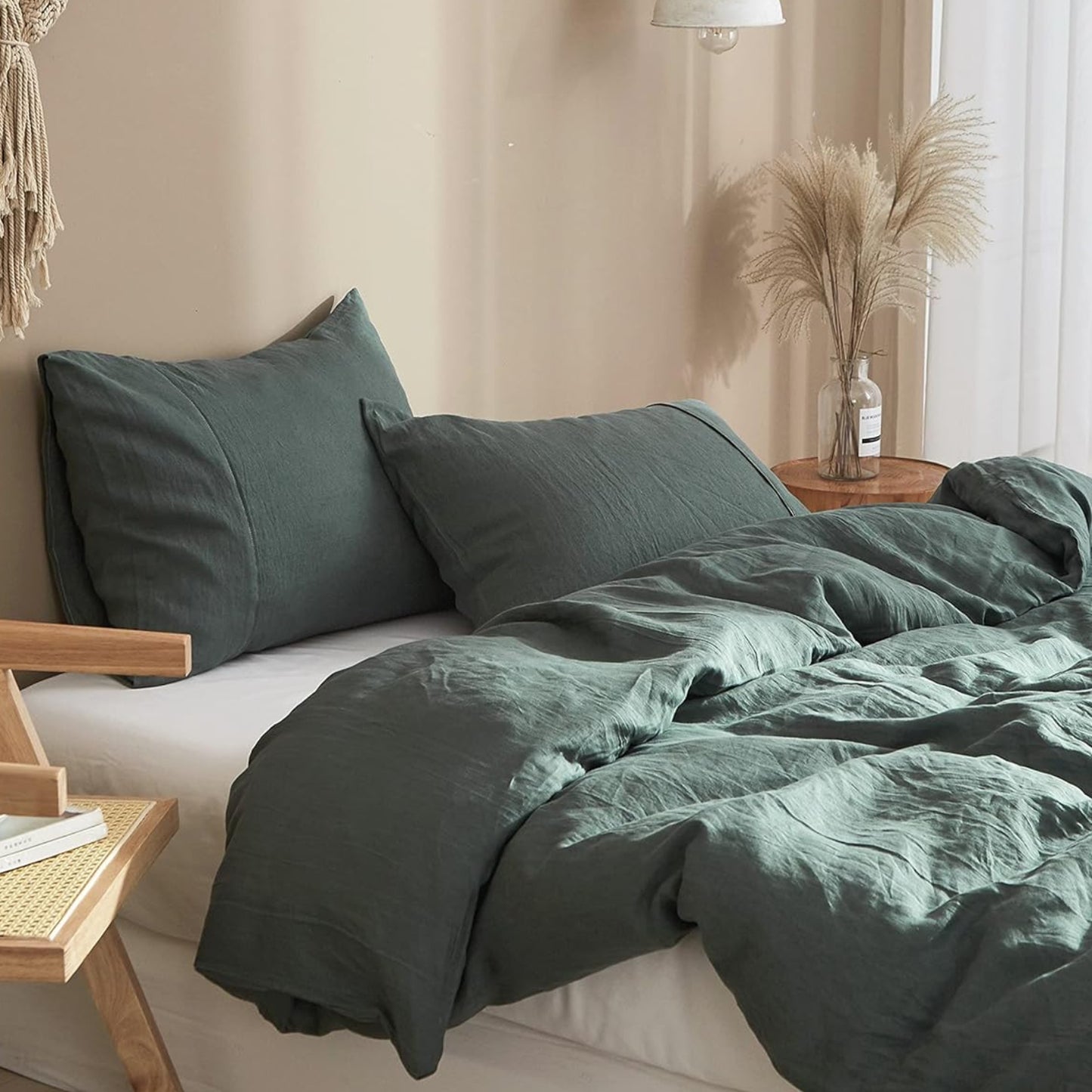 Dluxe Ave. ( QUEEN ) 3 Pcs Linen {Duvet Cover}, 100% Pure Washed French Flax Linen, Soft Breathable Moisture Wicking Cooling Linen, Green