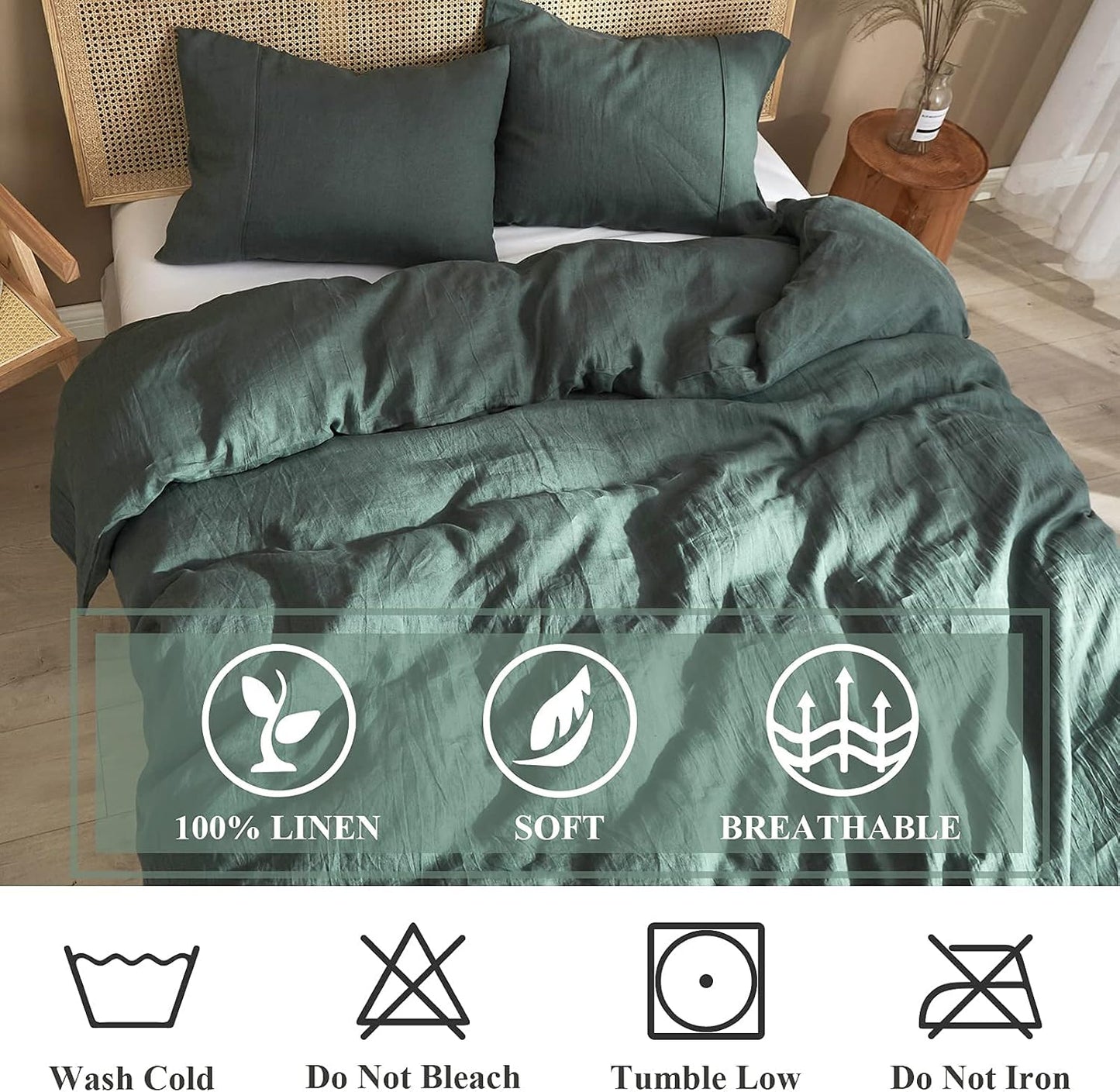 Dluxe Ave. ( QUEEN ) 3 Pcs Linen {Duvet Cover}, 100% Pure Washed French Flax Linen, Soft Breathable Moisture Wicking Cooling Linen, Green