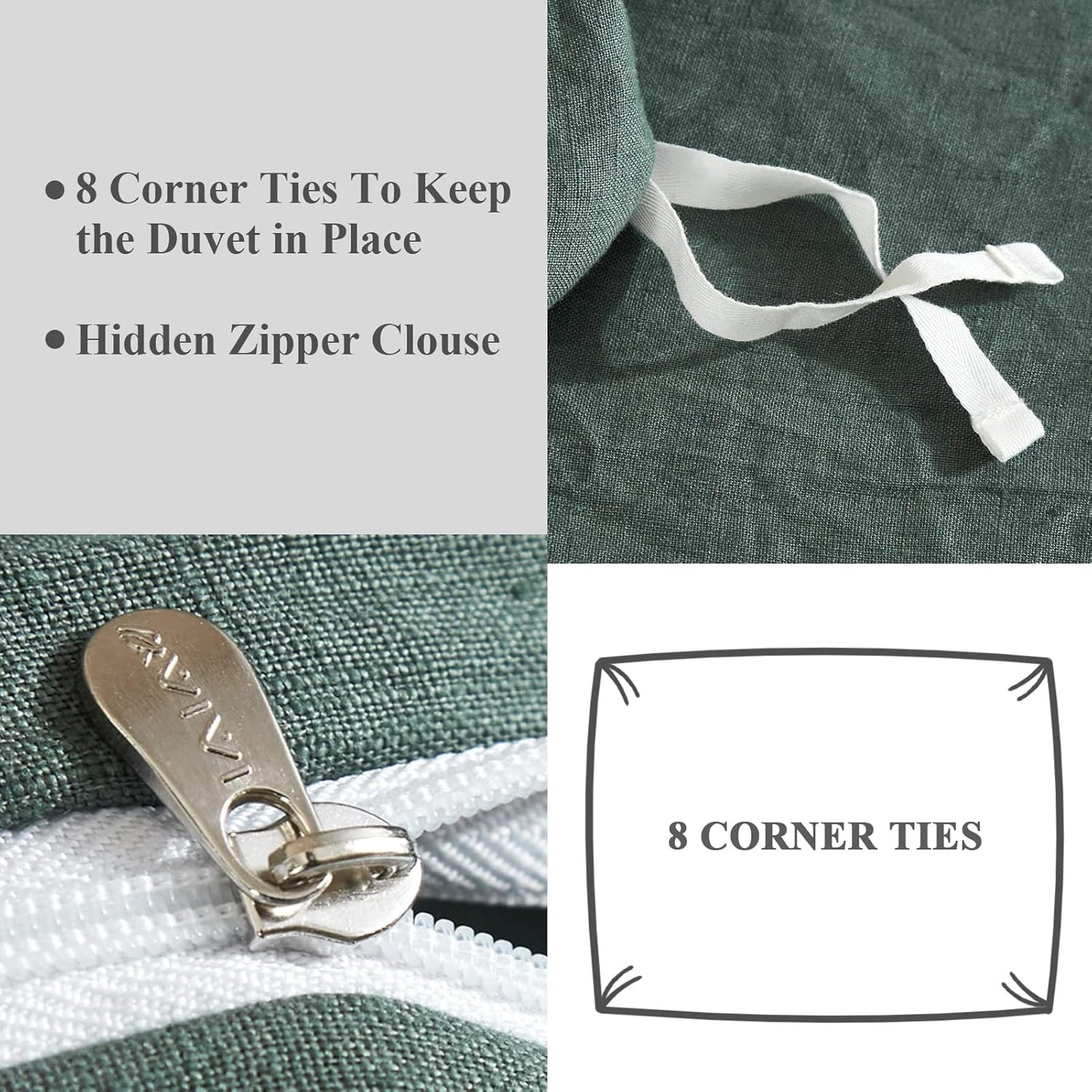 Dluxe Ave. ( QUEEN ) 3 Pcs Linen {Duvet Cover}, 100% Pure Washed French Flax Linen, Soft Breathable Moisture Wicking Cooling Linen, Green