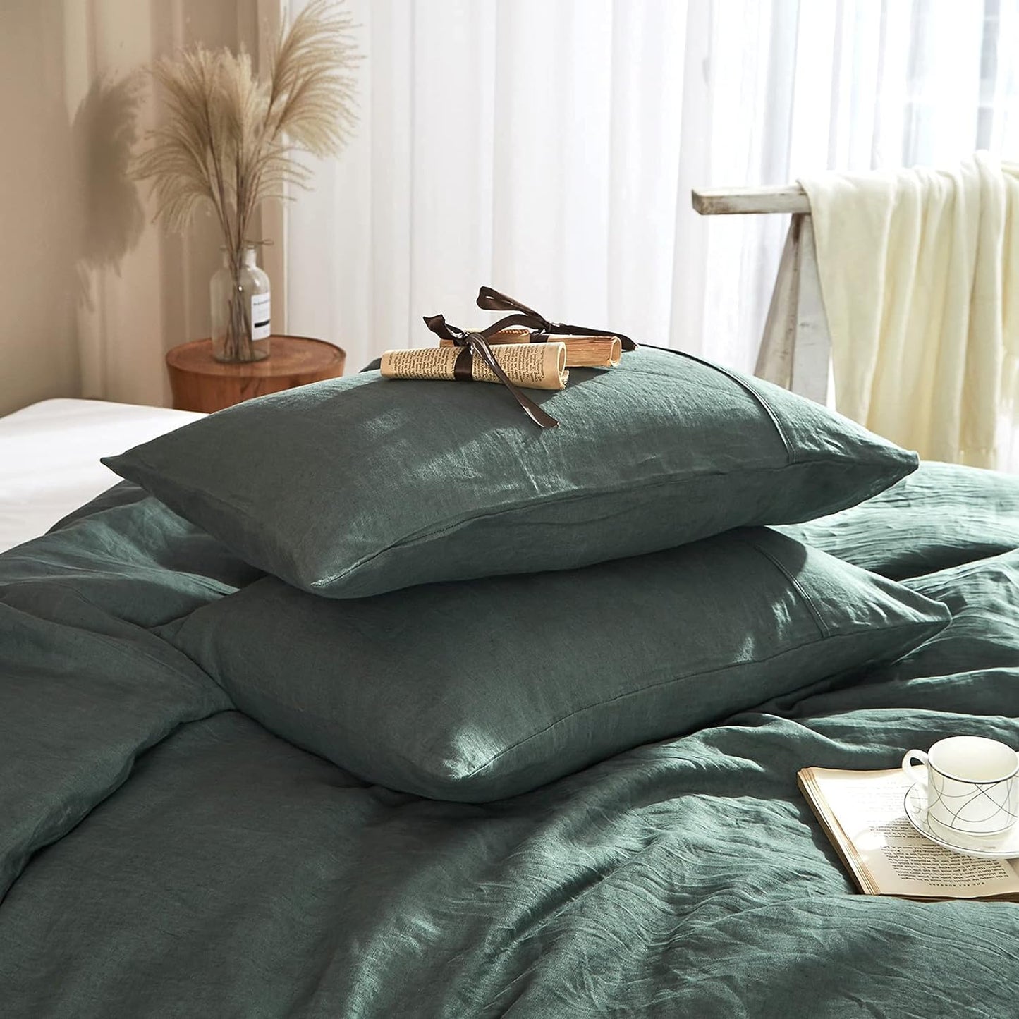 Dluxe Ave. ( QUEEN ) 3 Pcs Linen {Duvet Cover}, 100% Pure Washed French Flax Linen, Soft Breathable Moisture Wicking Cooling Linen, Green