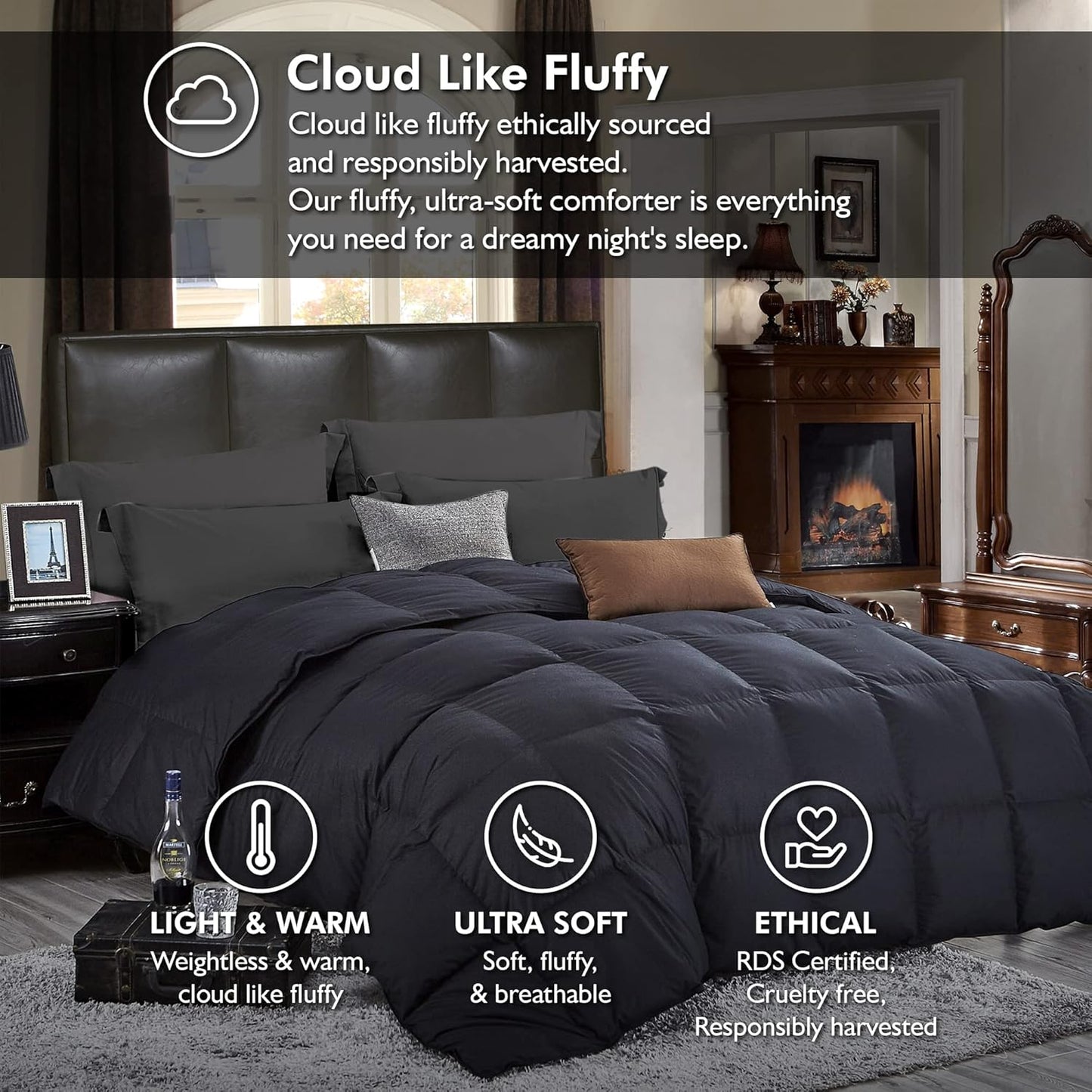 Dluxe Ave. ( KING ) Luxurious Palatial Goose Down Feather Fiber Comforter, Duvet Insert 100% Egyptian Cotton Cover 90 oz., Fill Weight Comforter/ Black Solid