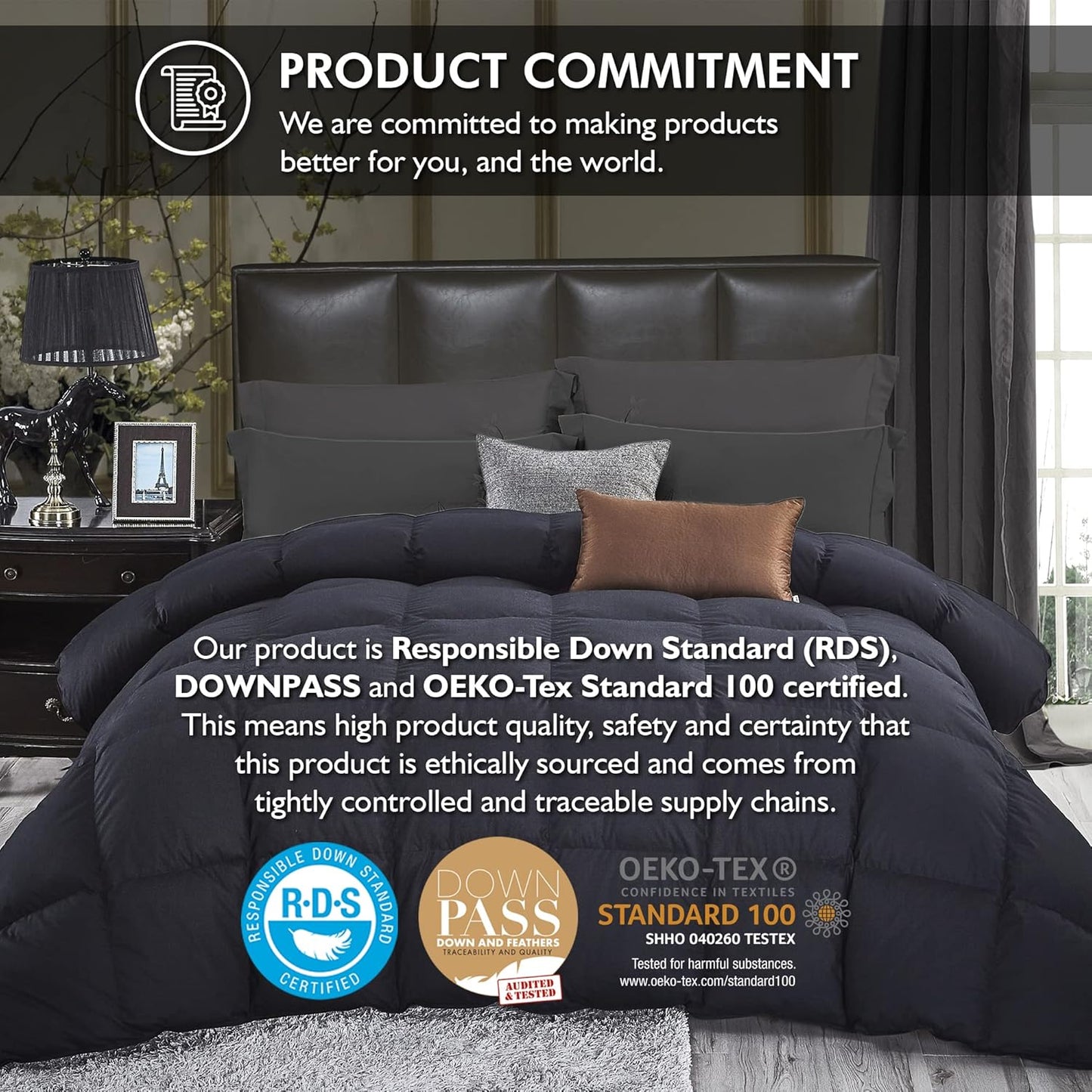 Dluxe Ave. ( KING ) Luxurious Palatial Goose Down Feather Fiber Comforter, Duvet Insert 100% Egyptian Cotton Cover 90 oz., Fill Weight Comforter/ Black Solid