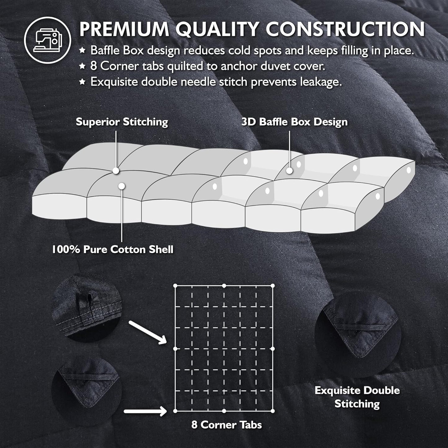 Dluxe Ave. ( KING ) Luxurious Palatial Goose Down Feather Fiber Comforter, Duvet Insert 100% Egyptian Cotton Cover 90 oz., Fill Weight Comforter/ Black Solid