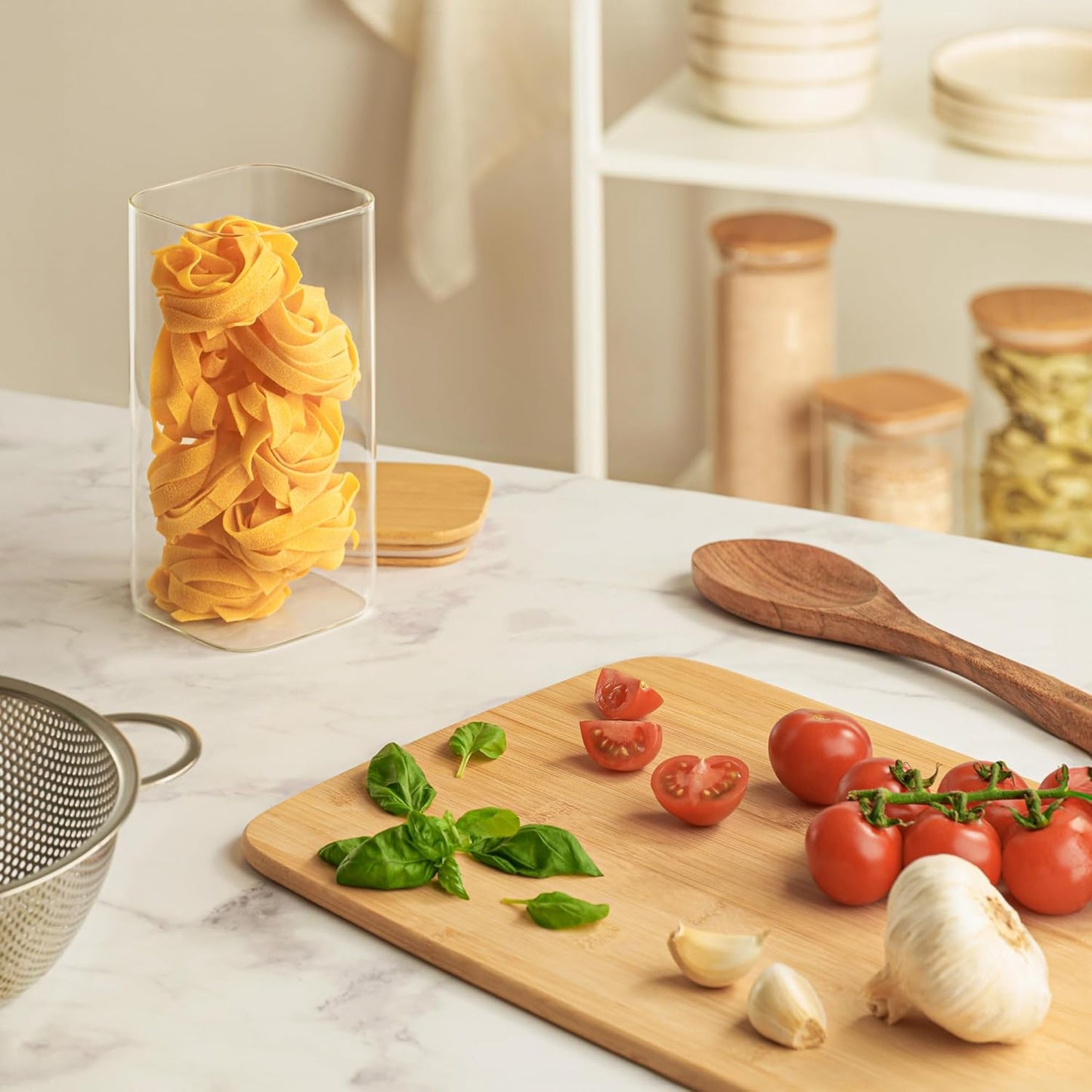 Dluxe Ave. Glass Storage Containers with Bamboo Lids/ 4 Square Airtight Jars