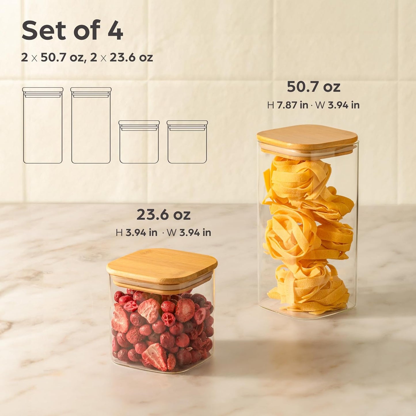 Dluxe Ave. Glass Storage Containers with Bamboo Lids/ 4 Square Airtight Jars