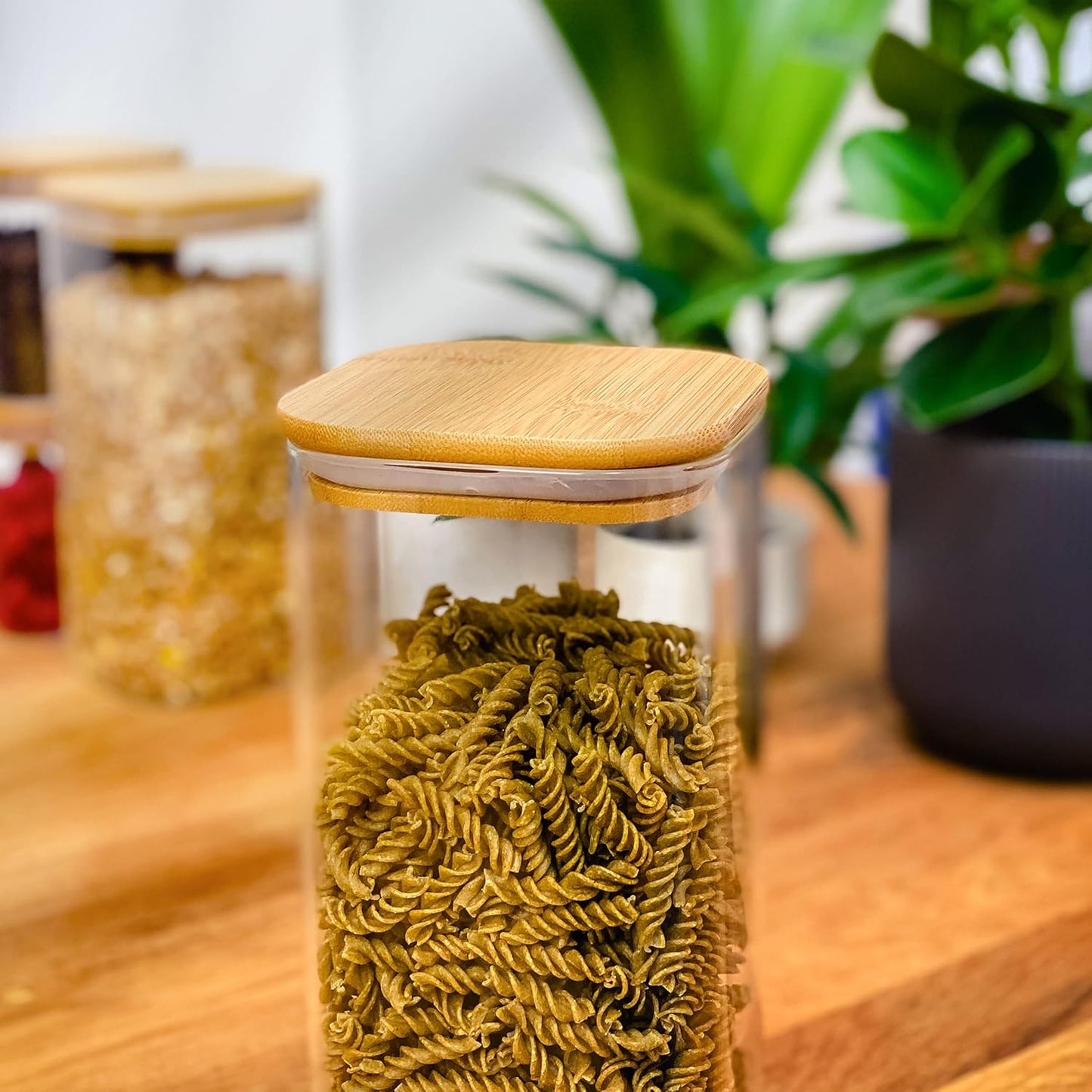 Dluxe Ave. Glass Storage Containers with Bamboo Lids/ 4 Square Airtight Jars