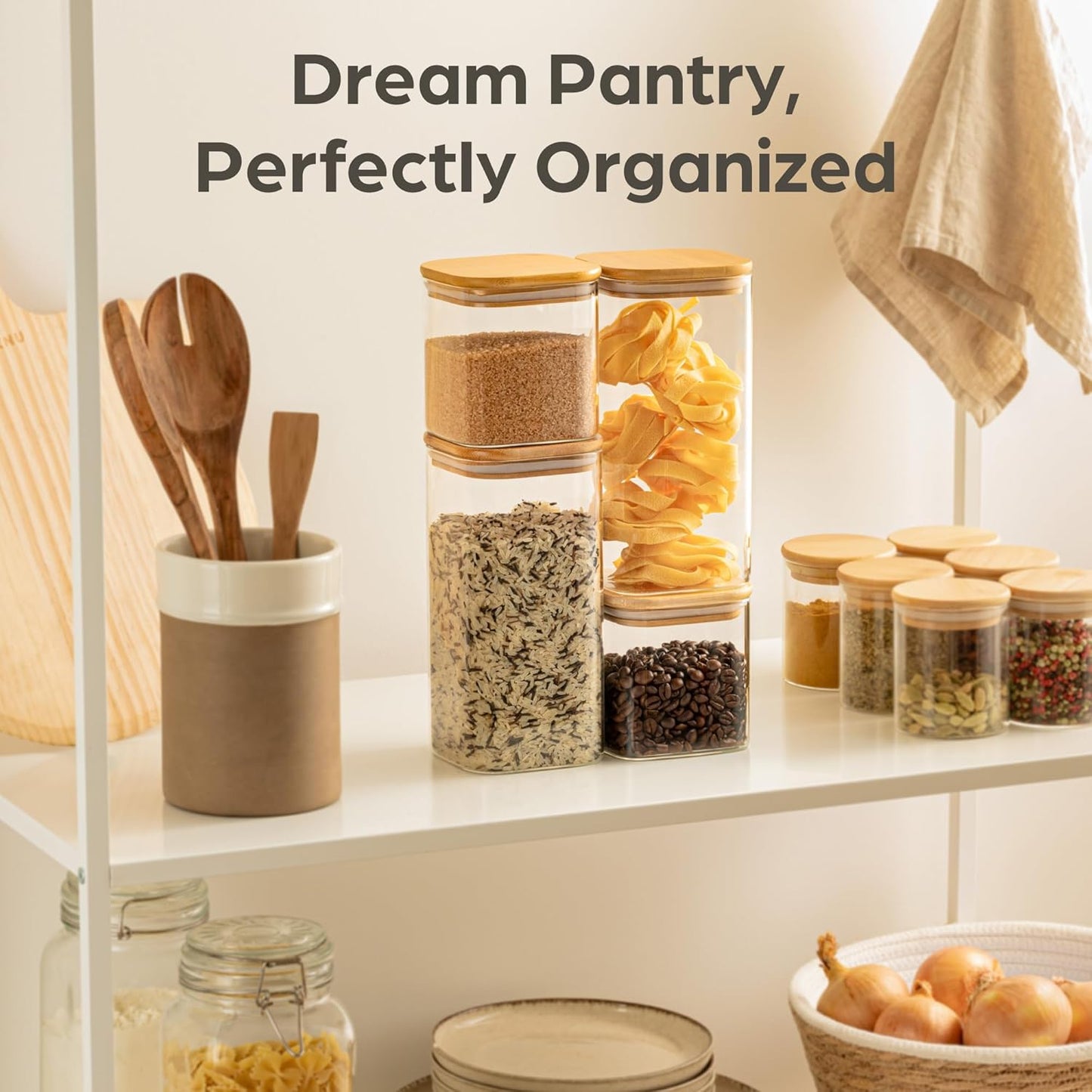 Dluxe Ave. Glass Storage Containers with Bamboo Lids/ 4 Square Airtight Jars