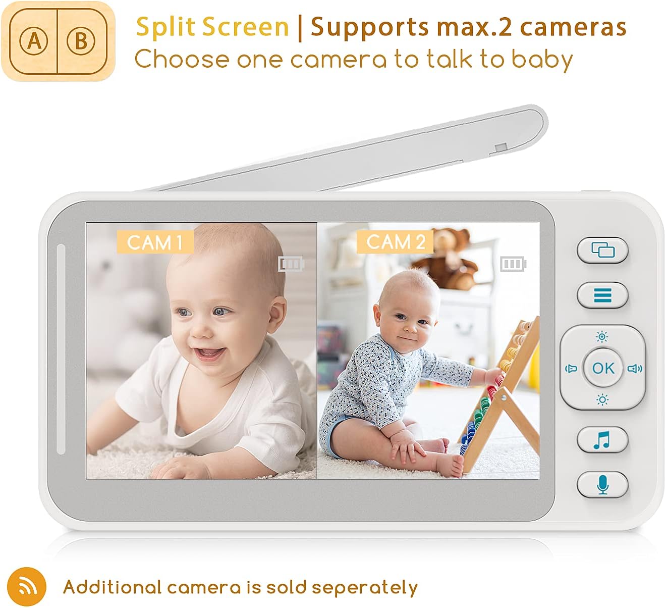 Dluxe Ave. CAMPARK CAM Video Baby Monitor with 2 Cameras and 4.3inch LCD Split Screen Baby Monitor with Camera and Audio Infrared Night Vision Two-Way Talk Temperature Display 8 Lullabies and VOX Mode