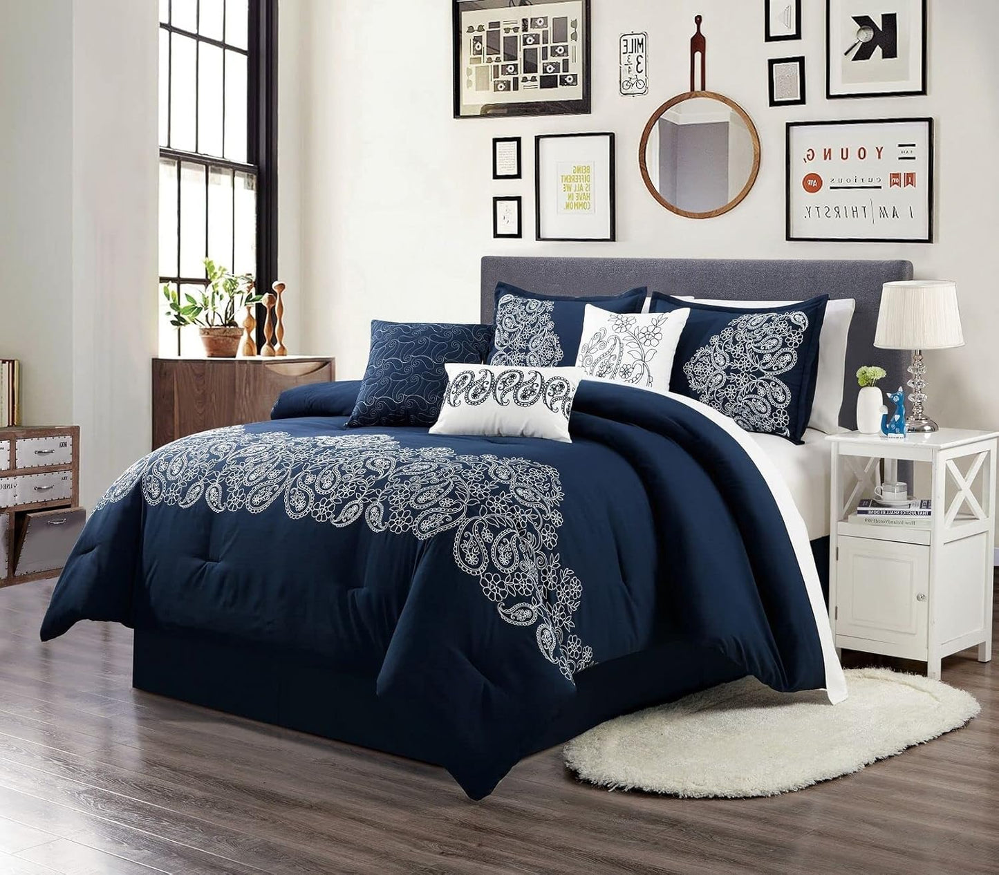 Out of Stock Dluxe Ave. ( KING ) 7 Pcs Navy/White Paisley Floral Scroll Embroidered Comforter Set