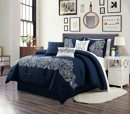 Out of Stock Dluxe Ave. ( KING ) 7 Pcs Navy/White Paisley Floral Scroll Embroidered Comforter Set