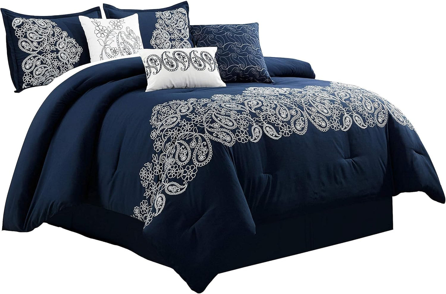 Out of Stock Dluxe Ave. ( KING ) 7 Pcs Navy/White Paisley Floral Scroll Embroidered Comforter Set