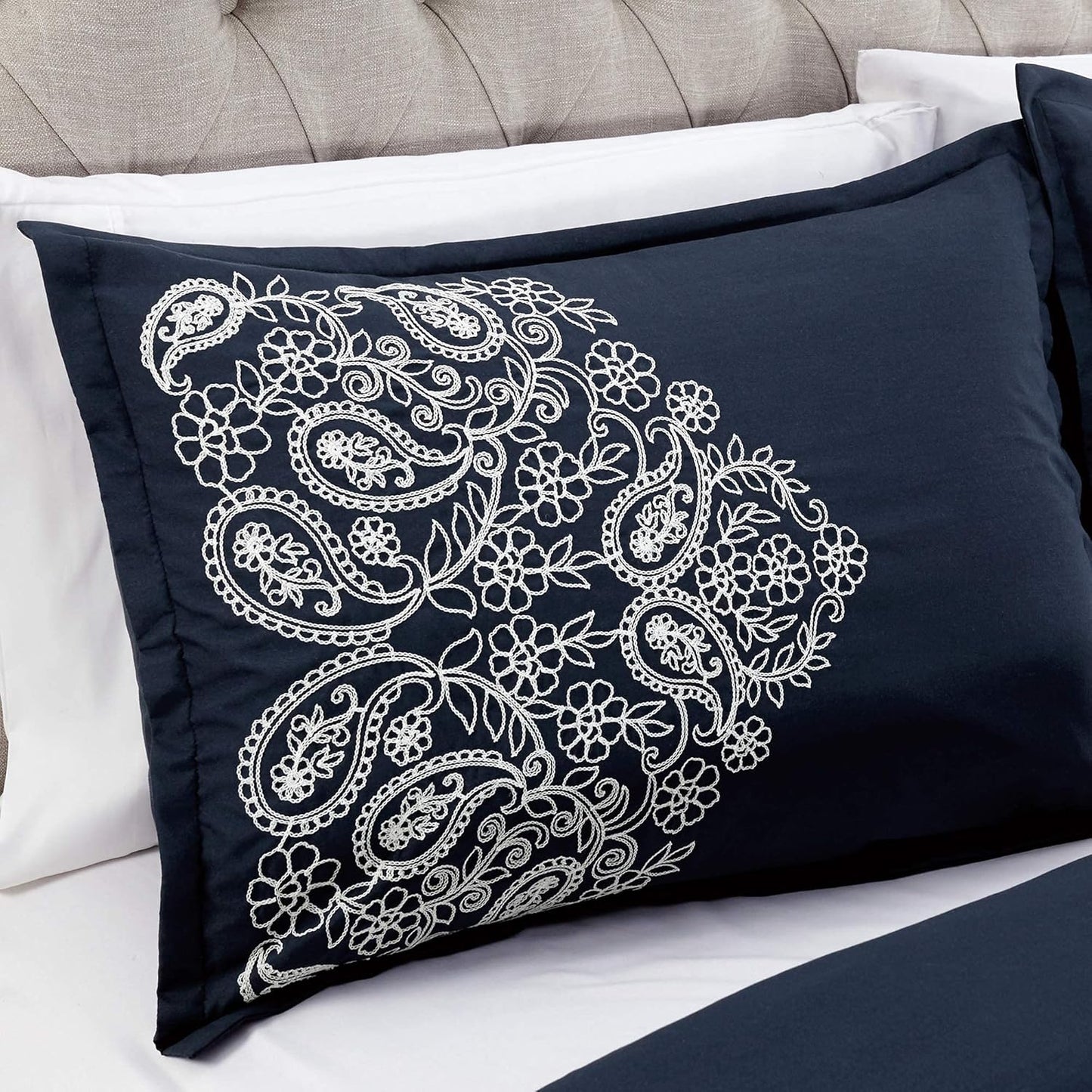 Out of Stock Dluxe Ave. ( KING ) 7 Pcs Navy/White Paisley Floral Scroll Embroidered Comforter Set