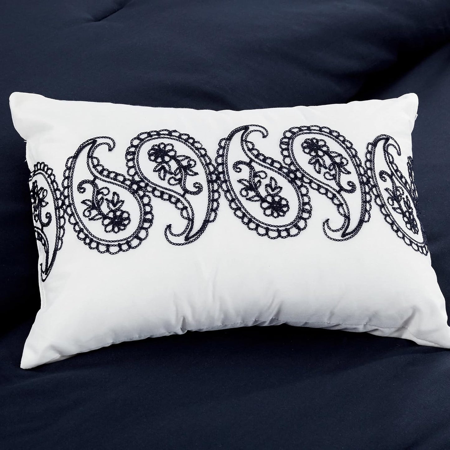 Out of Stock Dluxe Ave. ( KING ) 7 Pcs Navy/White Paisley Floral Scroll Embroidered Comforter Set
