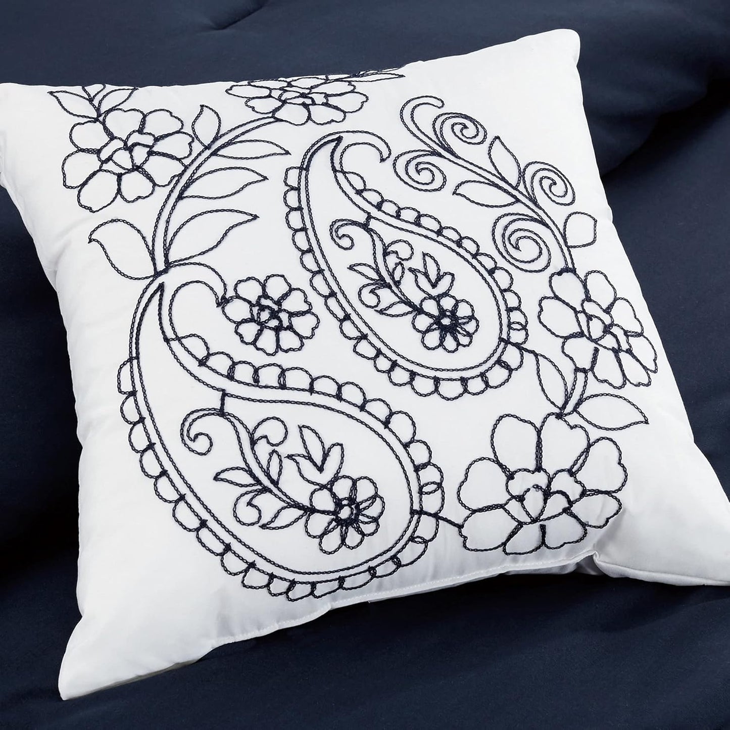 Out of Stock Dluxe Ave. ( KING ) 7 Pcs Navy/White Paisley Floral Scroll Embroidered Comforter Set