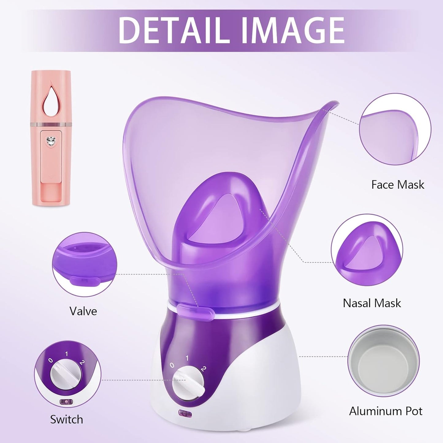 Dluxe Ave. Crybeno Facial Steamer for Face Nano Ionic Face Steamer for Facial Deep Cleaning Hot Mist Face Humidifier Set for Women Men Moisturizing Cleansing Pores with Blackhead Remover Kit Purple