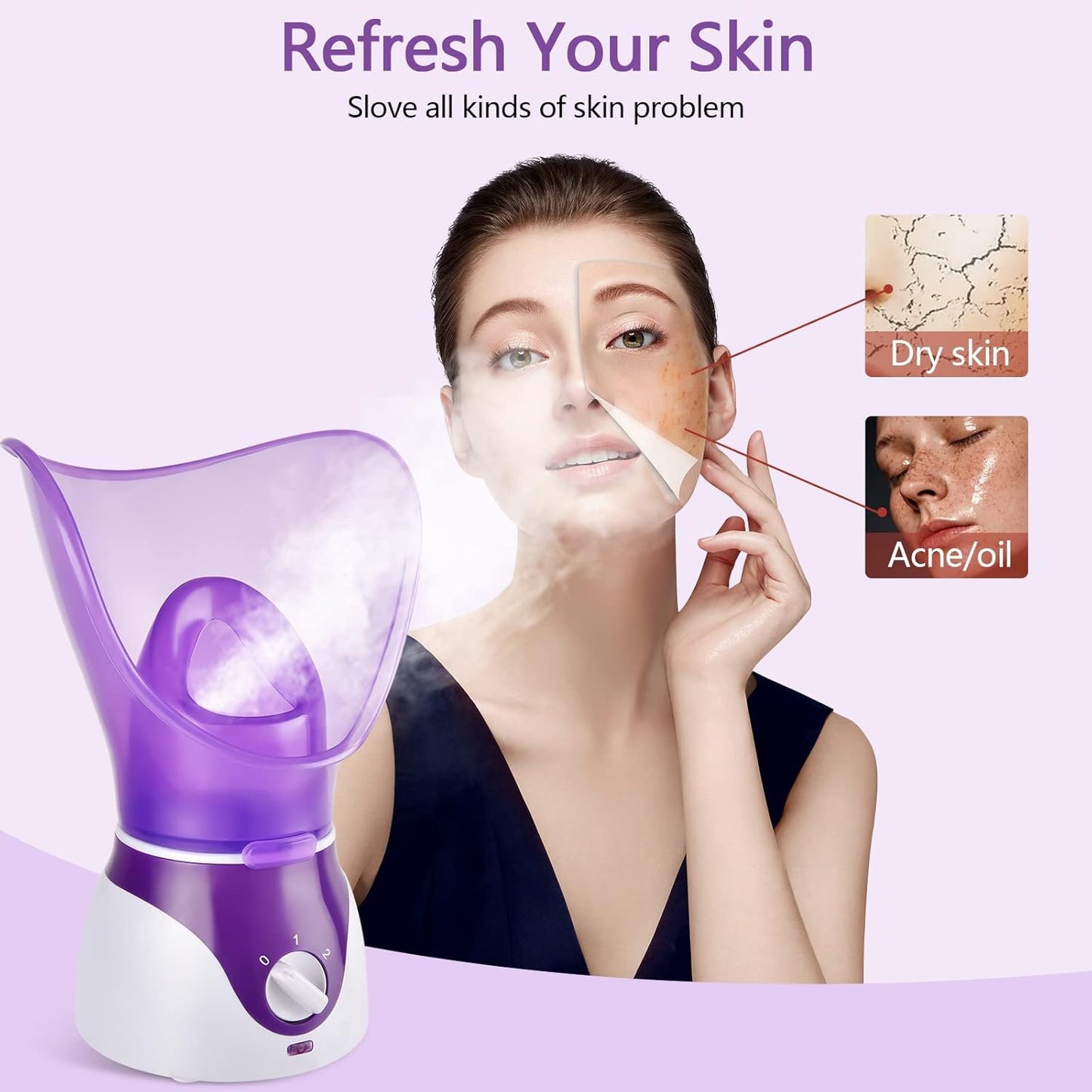 Dluxe Ave. Crybeno Facial Steamer for Face Nano Ionic Face Steamer for Facial Deep Cleaning Hot Mist Face Humidifier Set for Women Men Moisturizing Cleansing Pores with Blackhead Remover Kit Purple