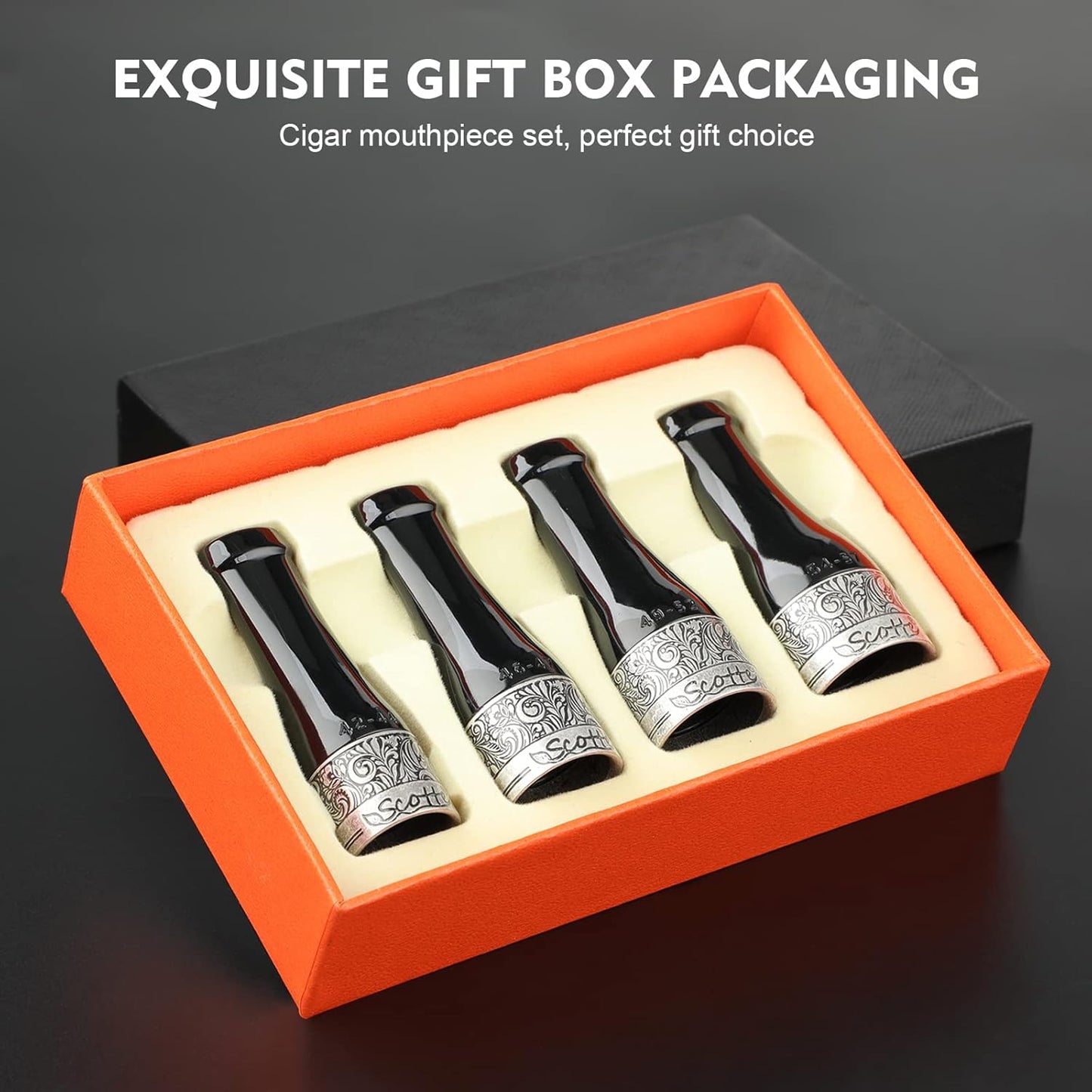 Dluxe Ave. Scotte Cigar Mouthpiece for Men and Women Portable 4 Size Cigar Holder Set with Gift Box, (Black and Silver)