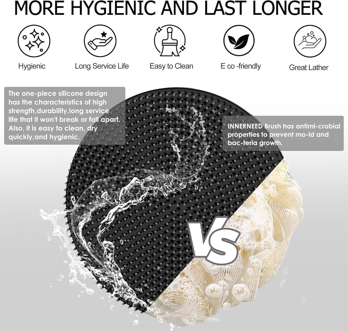 Dluxe Ave. INNERNEED Food-Grade Soft Silicone Body Scrubber Shower Brush Gentle Exfoliating and Lather Well (Black)