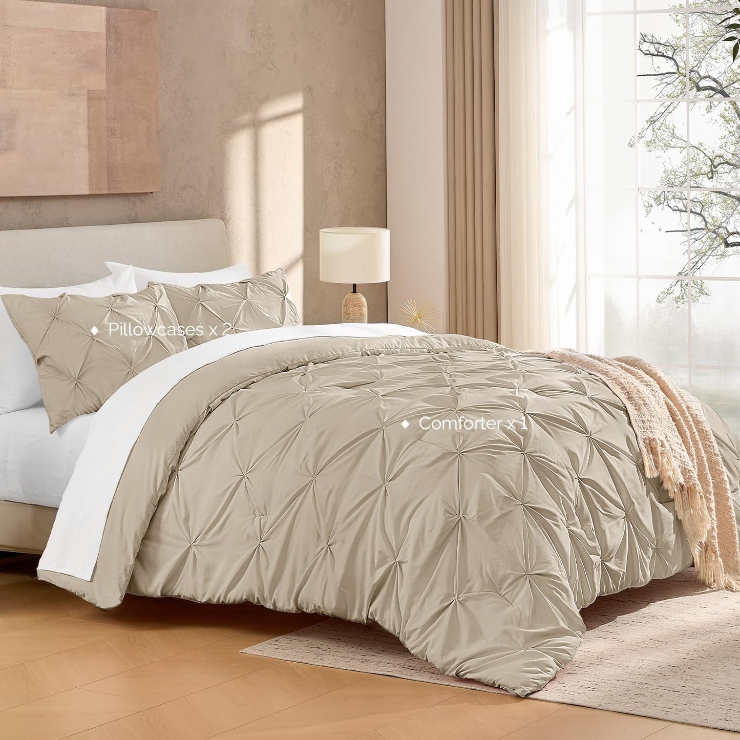 Dluxe Ave. ( FULL ) 3 Pcs Pinch Pleat Comforter Set/ Microfiber Down/ All Season/ Khaki