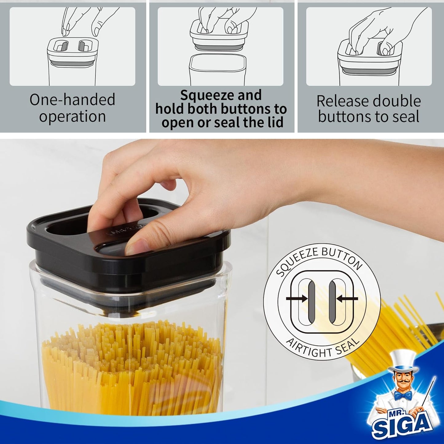 Dluxe Ave. MR.SIGA 6 Piece Airtight Food Storage Container Set BPA Free Kitchen Pantry Organization Canisters One-handed Kitchen Storage Containers for Cereal Spaghetti Pasta White