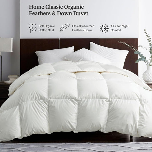 Dluxe Ave. ( TWIN ) Feathers & Down Comforter Organic Duvet Insert 100% Cotton, Feathers and 350 FP Down 420Z Filler, All Season/ White