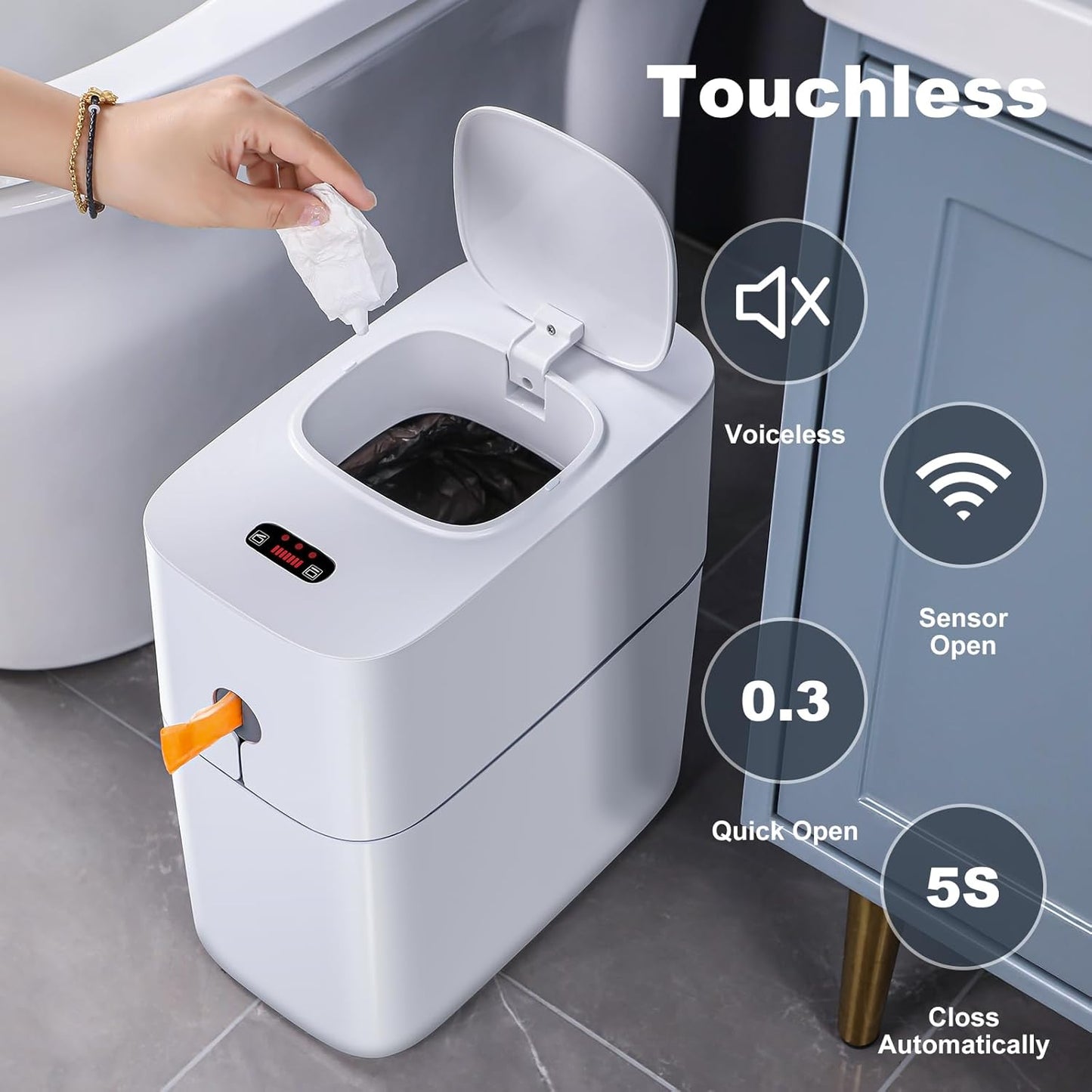 Dluxe Ave. MOPUP Touchless Bathroom Trash Can Automatic Garbage Can for BedroomOffice Motion Sensor Trash Bin3.5 Gallon Dogproof Plastic Slim Wastebasket for Toilet RVLiving Room White