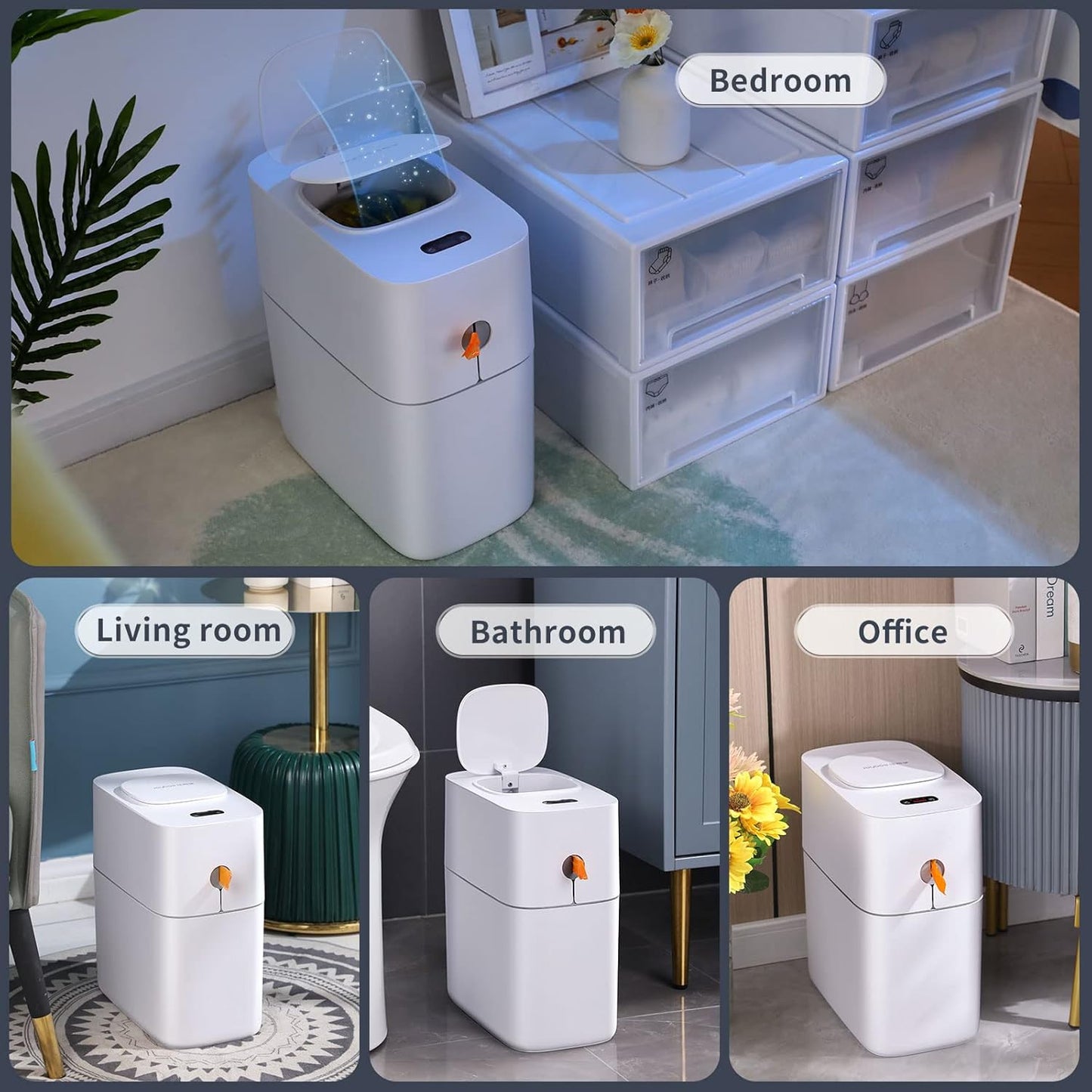 Dluxe Ave. MOPUP Touchless Bathroom Trash Can Automatic Garbage Can for BedroomOffice Motion Sensor Trash Bin3.5 Gallon Dogproof Plastic Slim Wastebasket for Toilet RVLiving Room White