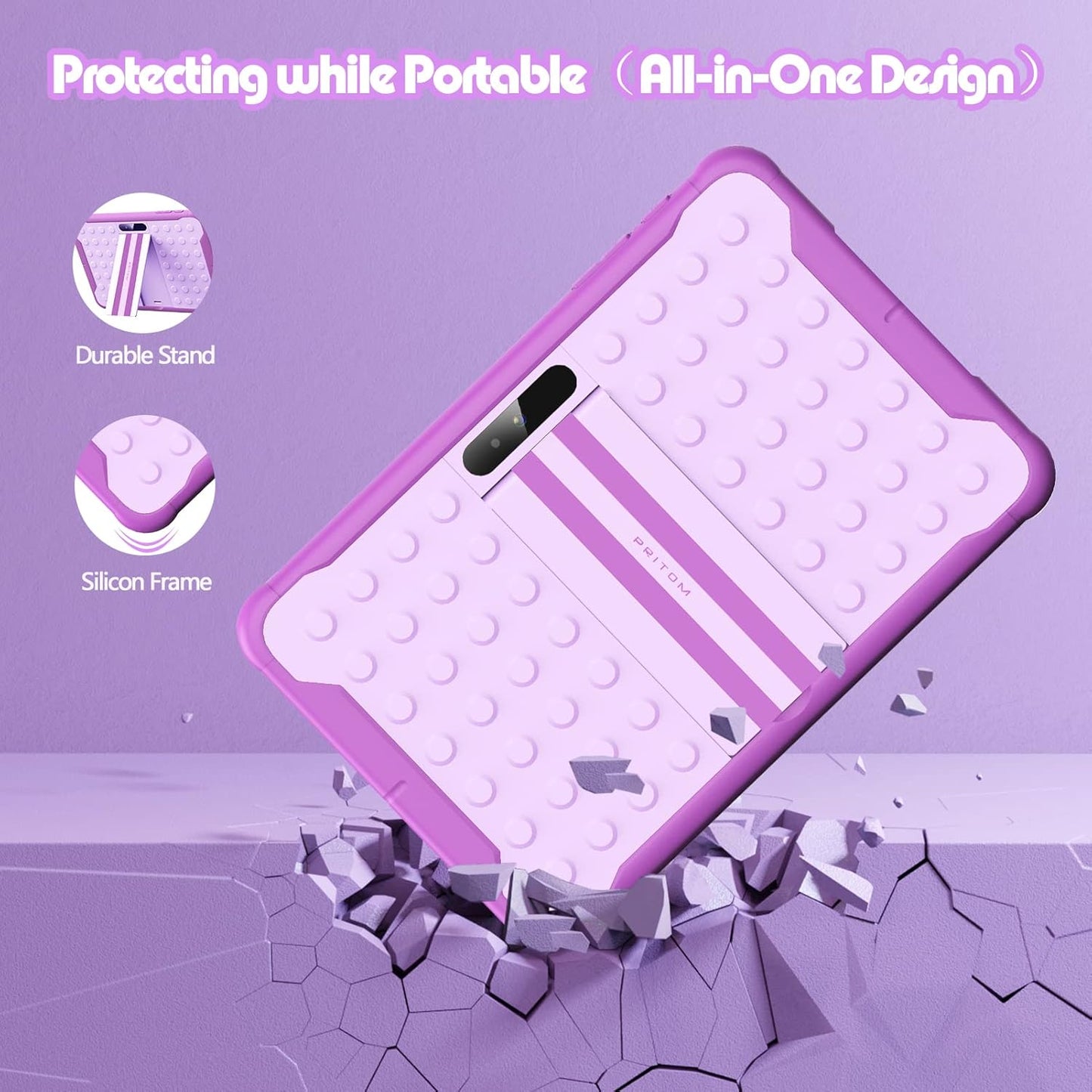 Dluxe Ave. PRITOM Android 13 10 inch Kids Tablet Parental Control 6000 mAh Quad Core Processor 2GB RAM 64GB ROM HD IPS Touch Screen Google Play YouTube Kids-Tablet Case (Purple)