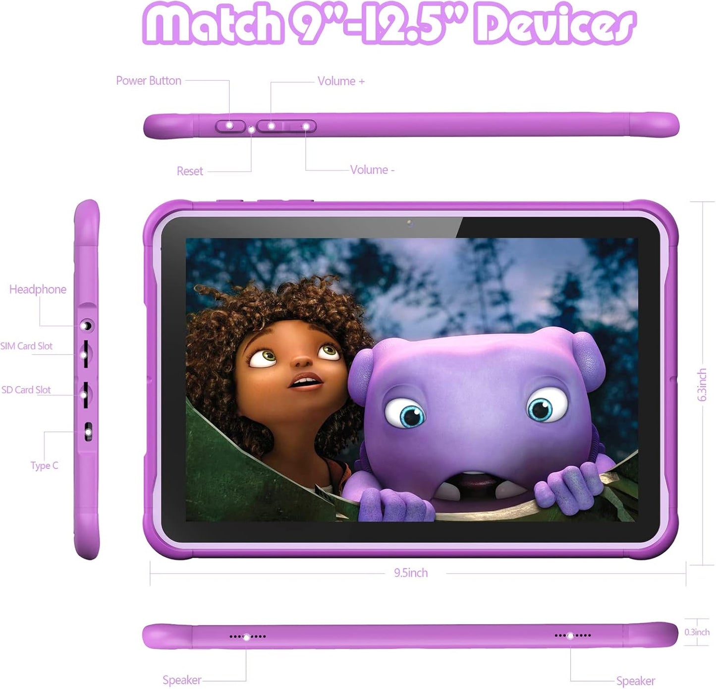 Dluxe Ave. PRITOM Android 13 10 inch Kids Tablet Parental Control 6000 mAh Quad Core Processor 2GB RAM 64GB ROM HD IPS Touch Screen Google Play YouTube Kids-Tablet Case (Purple)