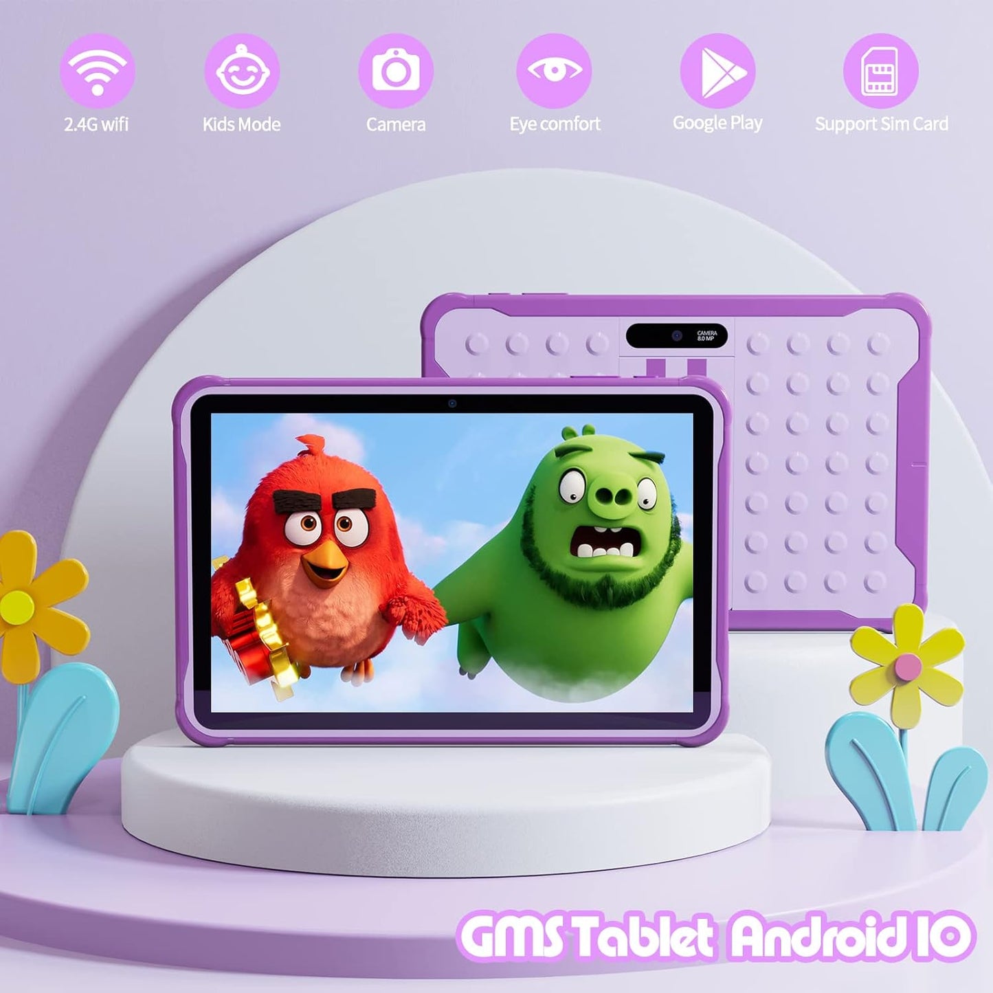 Dluxe Ave. PRITOM Android 13 10 inch Kids Tablet Parental Control 6000 mAh Quad Core Processor 2GB RAM 64GB ROM HD IPS Touch Screen Google Play YouTube Kids-Tablet Case (Purple)