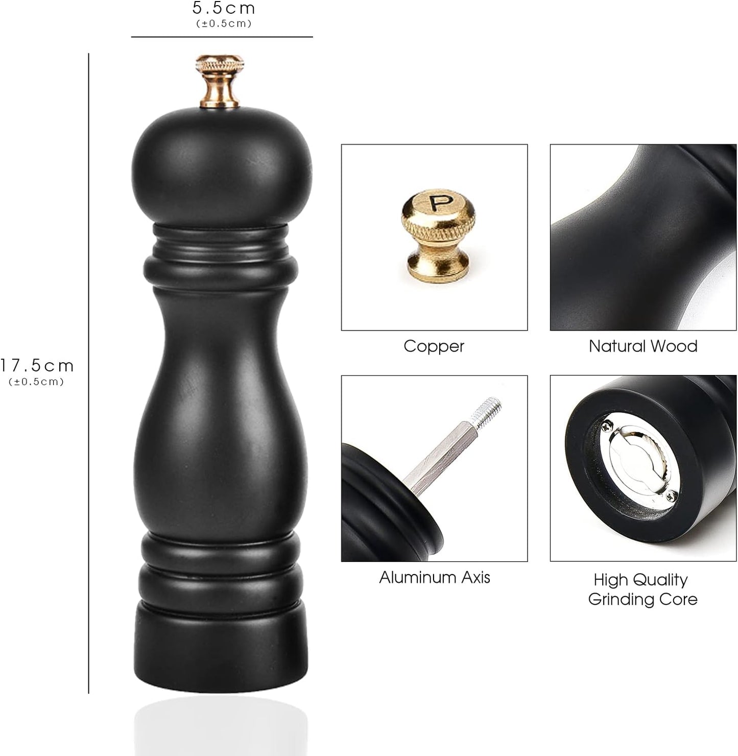 Dluxe Ave. BILL.F Pepper Mill and Salt Mill Grinder 7 Inch Wooden Salt and Pepper Shakers Set of 2 With Adjustable Ceramic Rotor and Easily Refillable