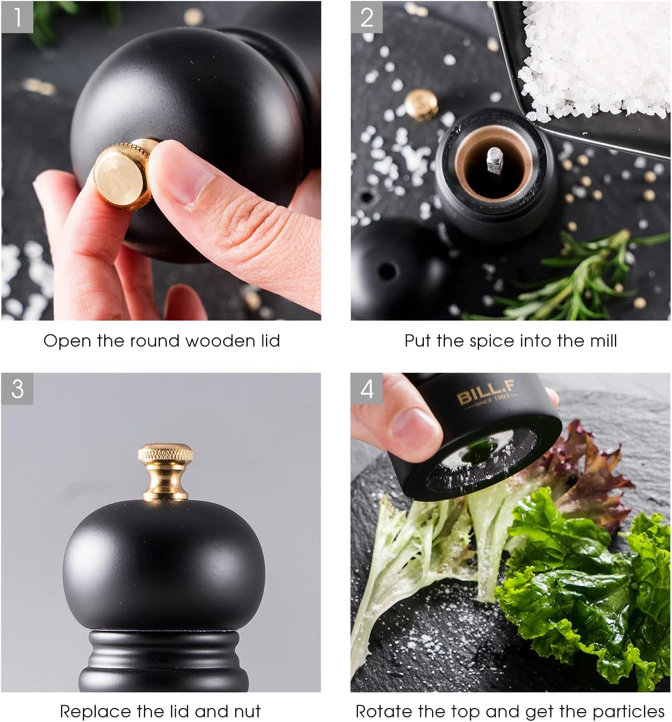 Dluxe Ave. BILL.F Pepper Mill and Salt Mill Grinder 7 Inch Wooden Salt and Pepper Shakers Set of 2 With Adjustable Ceramic Rotor and Easily Refillable