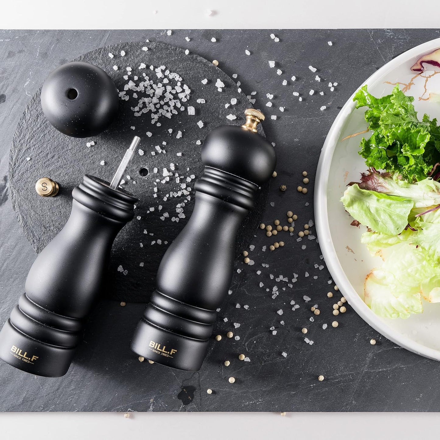 Dluxe Ave. BILL.F Pepper Mill and Salt Mill Grinder 7 Inch Wooden Salt and Pepper Shakers Set of 2 With Adjustable Ceramic Rotor and Easily Refillable