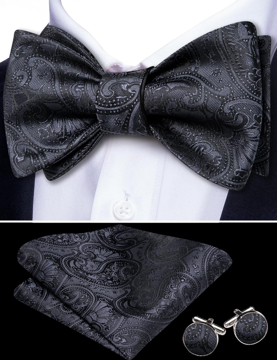 Dluxe Ave. Men Bow Tie Set Pocket Square Cufflink Silk Elegant Self Tied
